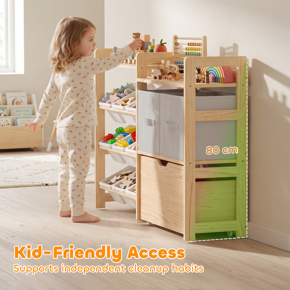 AIYAPLAY Wooden Toy Storage Unit with Rolling Toy Chest, 2 Fabric Drawers, 2 Shelves and 9 Bins for Bedroom, Playroom, Nursery