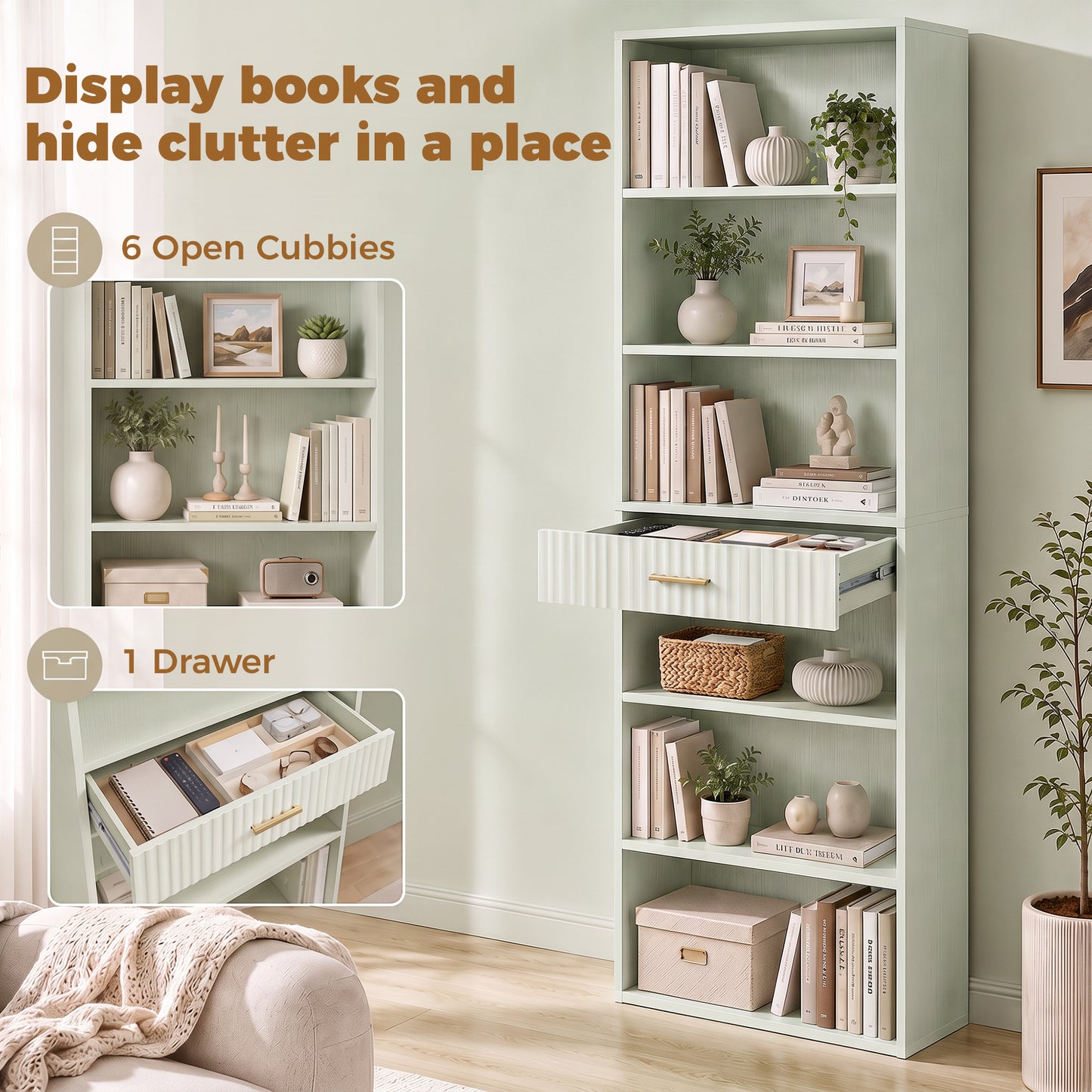 HOMCOM Bookcase Narrow Tall Space-Saving Bookshelf Drawer Open Shelves 60 x 24 x 182 cm Light Green