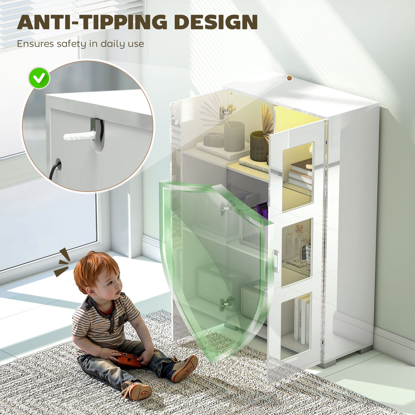 HOMCOM High Gloss Sideboard, Display Cabinet with 16-Colour RGB LED Lights and Remote Control, Modern Storage Cupboard with Glass Doors and Shelves for Living Room, Dining Room, Kitchen, White