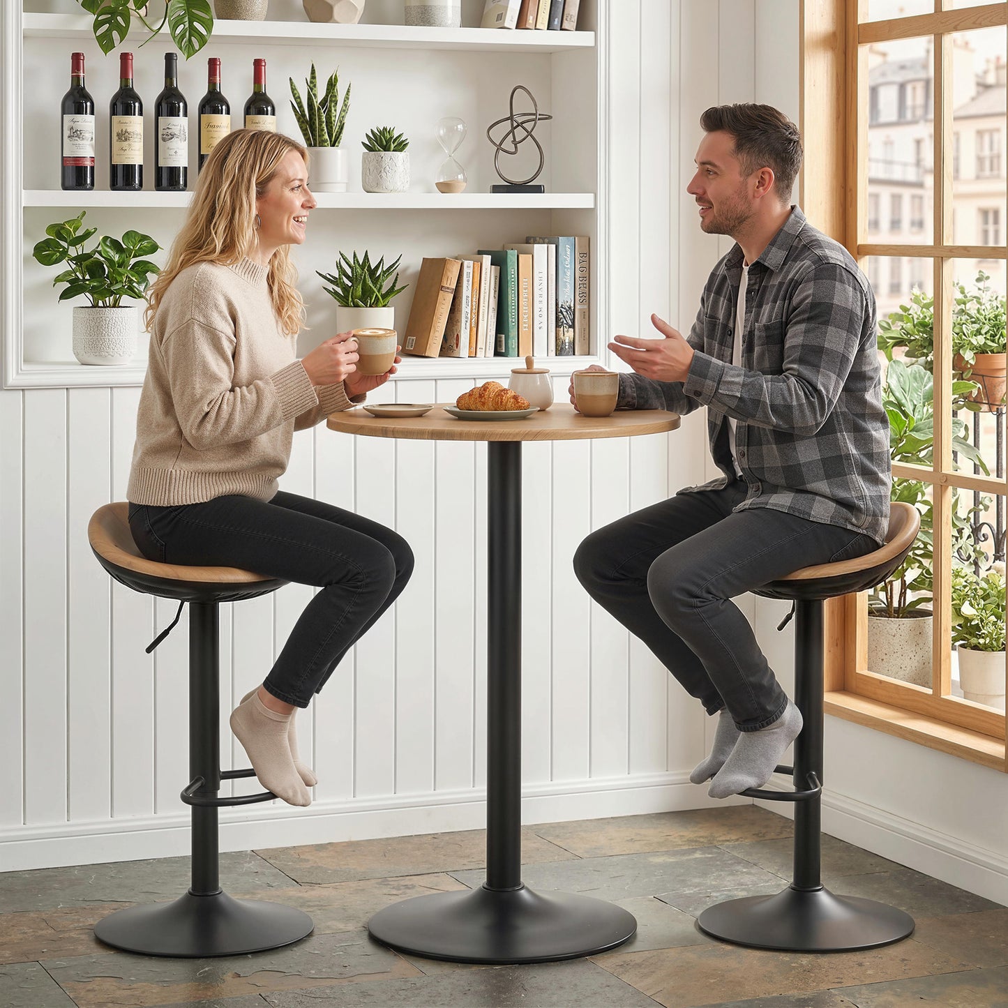 HOMCOM Set of 2 Barstools PU Leather Kitchen Stools with Saddle Seat Height Adjustable Swivel Kitchen Chairs with Footrest Oak