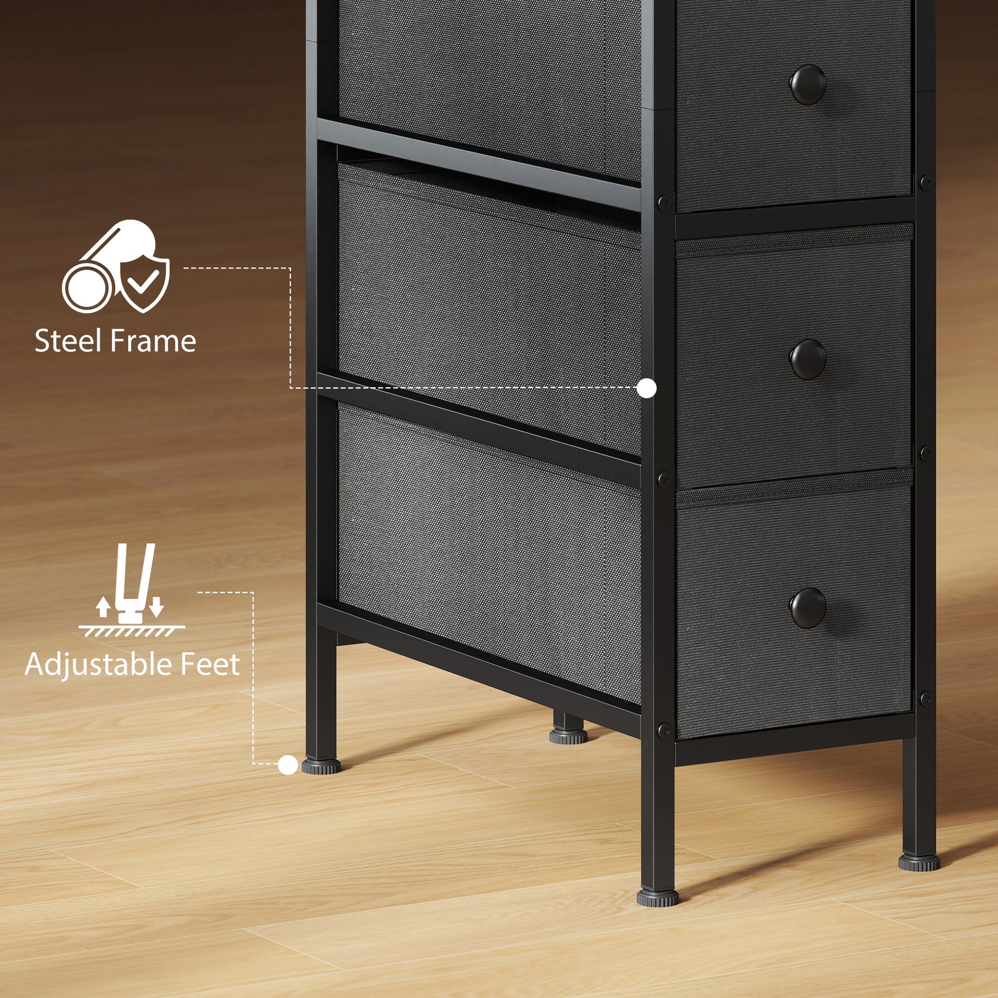 HOMCOM 4 Drawer Fabric Dresser Chest of Drawers, Slim Storage Cabinet with Steel Frame for Small Spaces, Bedroom, Black