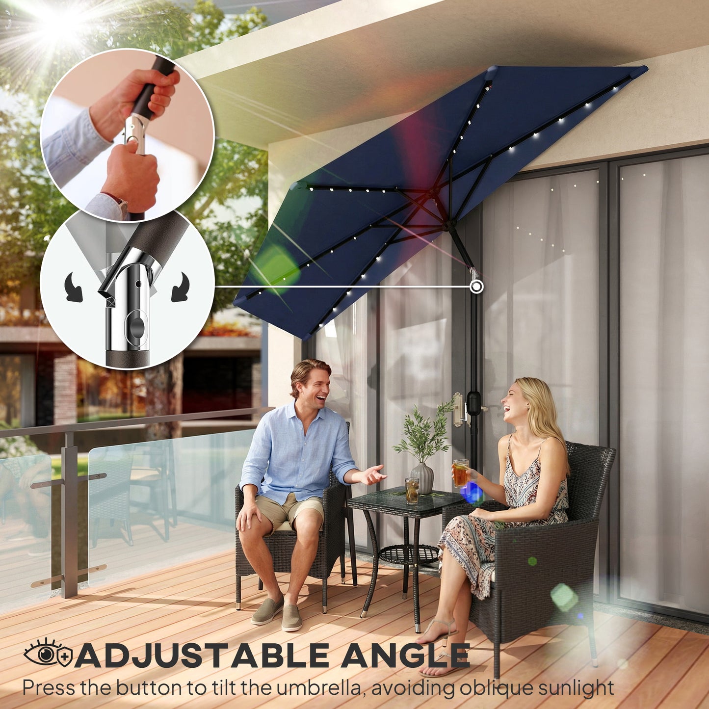Outsunny 2.6 m Half Garden Parasol with Solar LED Lights, UPF50+ Semi Round Umbrella with 30Â° Tilt, Crank Handle, Dark Blue