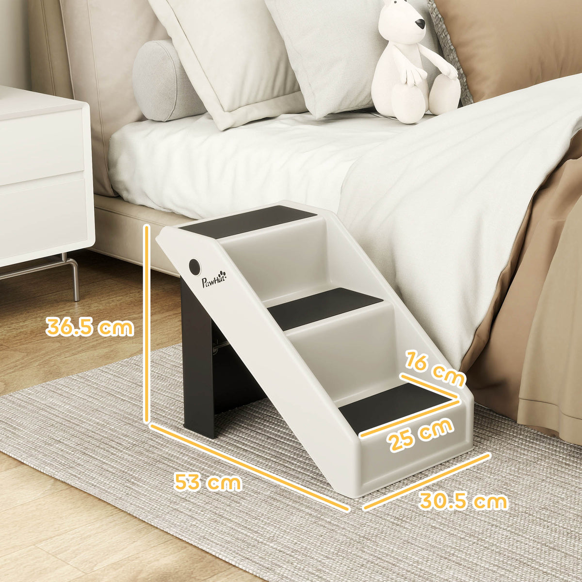 PawHut Foldable Dog Steps, Lightweight Portable Pet Stairs with 3 Non-Slip Steps for Beds or Sofas, Cream White