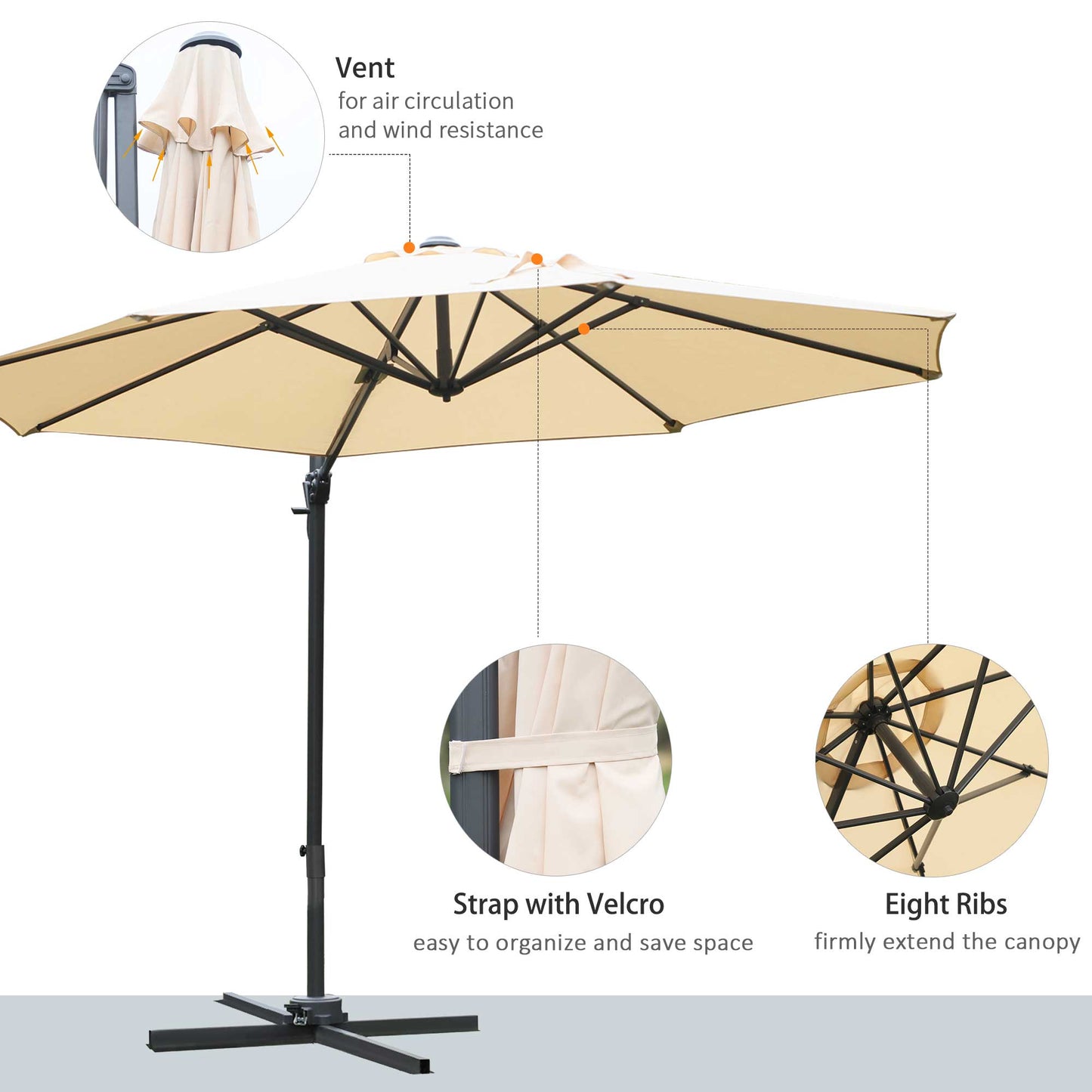 Outsunny Round Umbrella Parasol W/ Tilt 360Â° Rotation and Hand Crank Cross Base-Beige