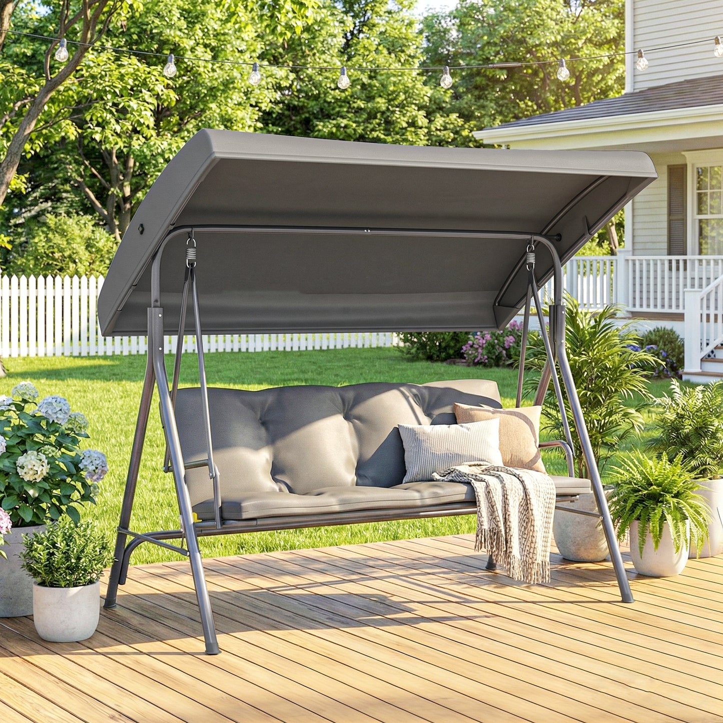 Outsunny 3 Seater Garden Swing Chair, Patio Rocking Bench with Tilting Canopy, Removable Cushion and Steel Frame, Dark Grey