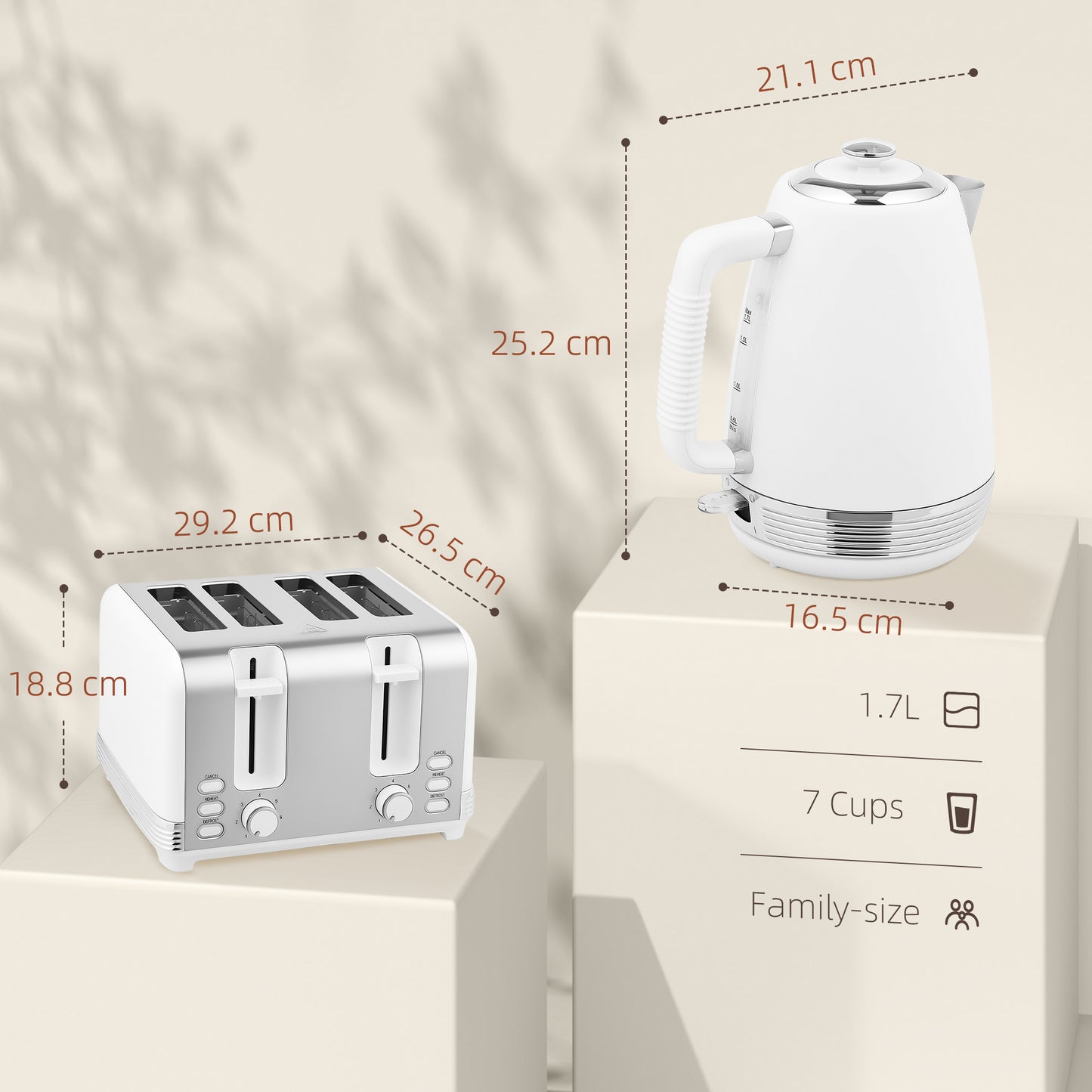 HOMCOM Stainless Steel Panel Kettle and Toaster Set - White
