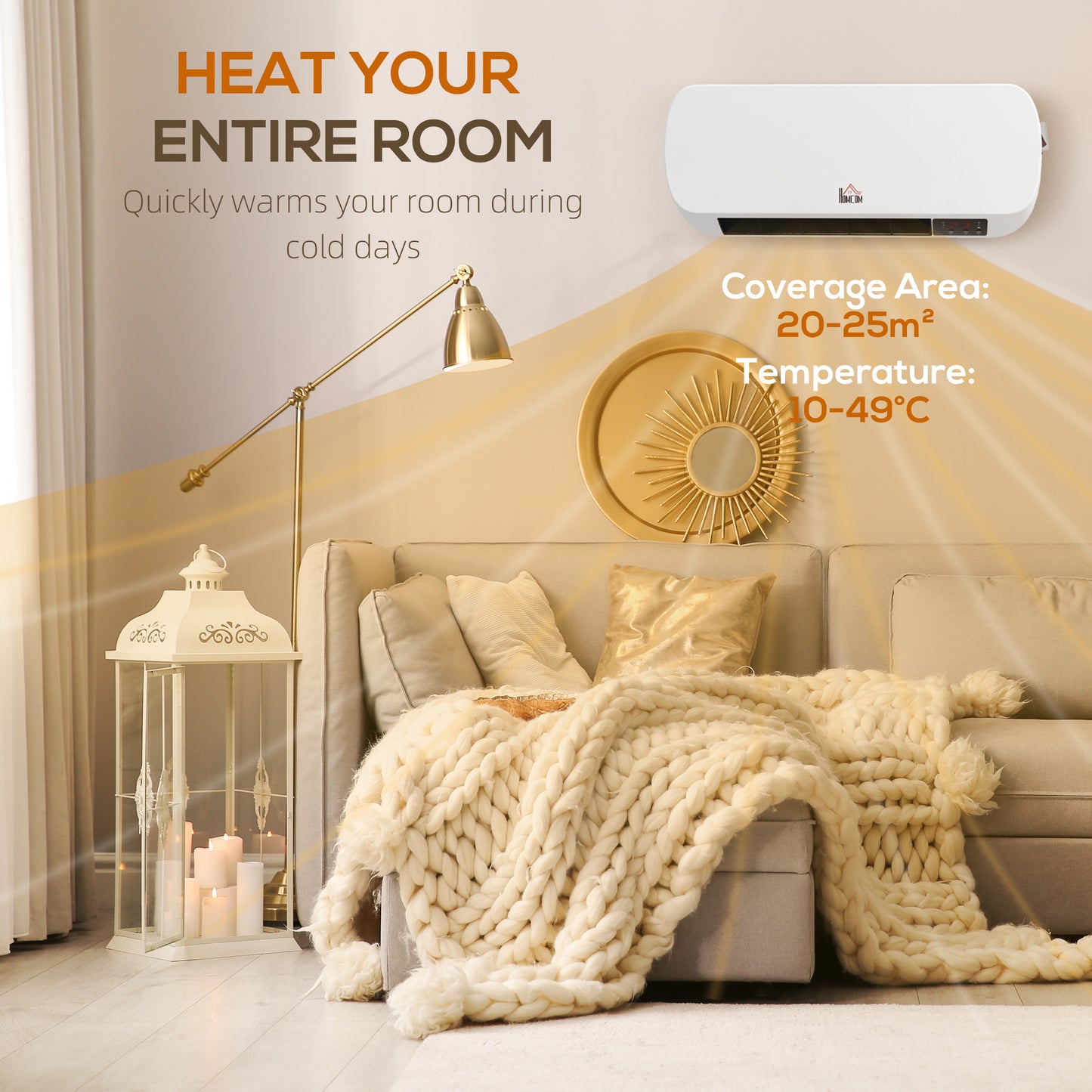 HOMCOM 2000W Wall Mounted Ceramic Space Heater, 10-49Â°C Temperature, White
