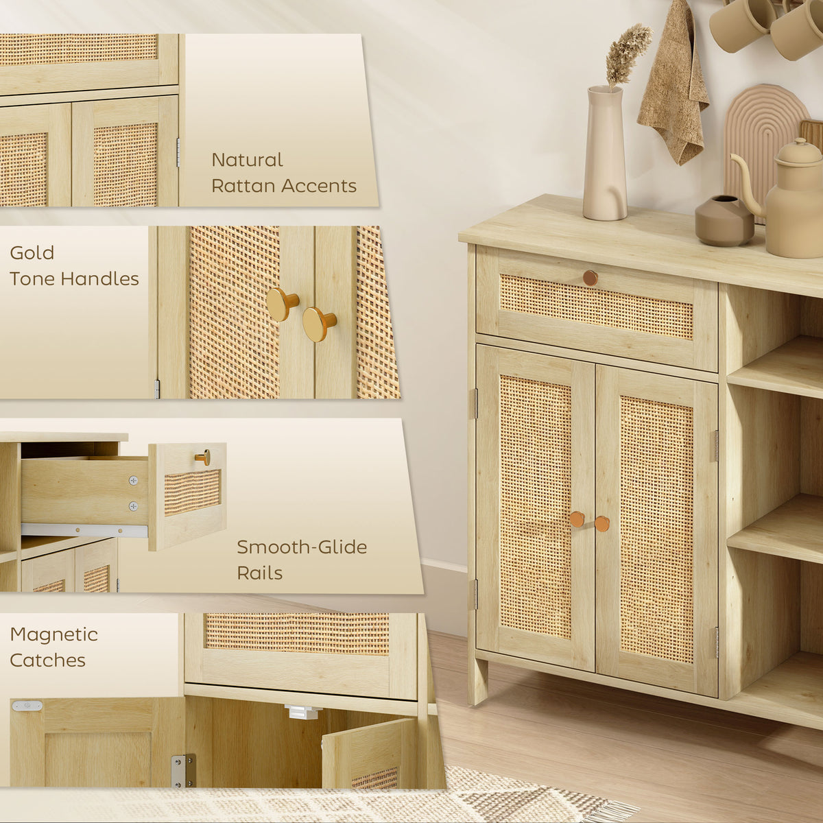 HOMCOM Rattan Sideboard Cabinet with Drawer 2 Doors Adjustable Shelves Kitchen Storage 75 x 30 x 79.5 cm Natural Wood Effect