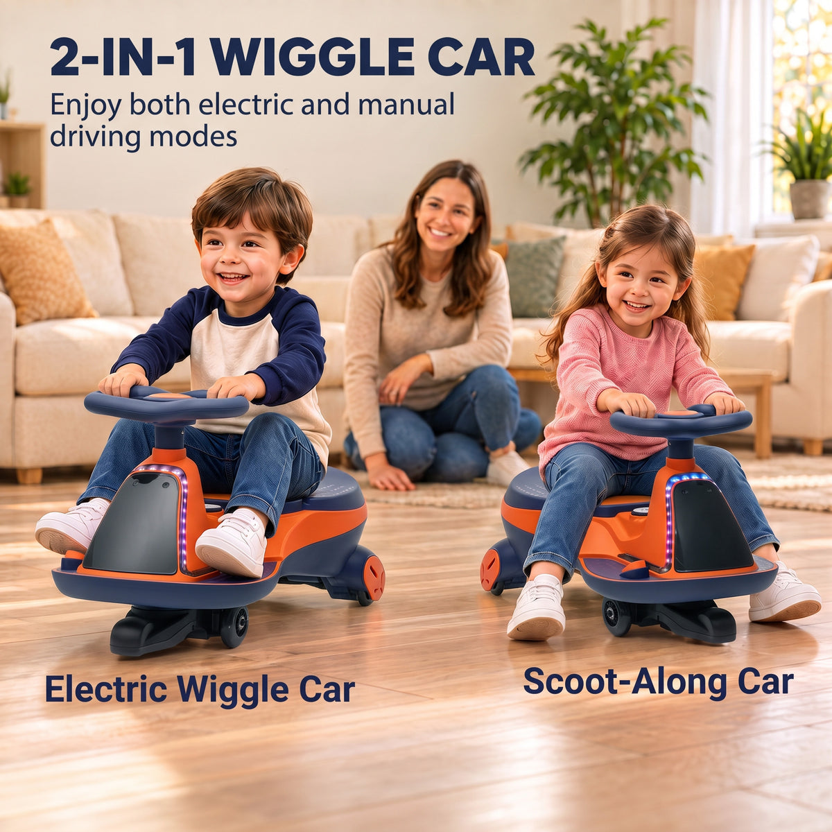 AIYAPLAY 12V Electric Wiggle Car, 2-In-1 Kids Ride On Toy with 2 Speeds, Soft Start, PU Wheels, RGB Lights, Up to 60 kg, Orange