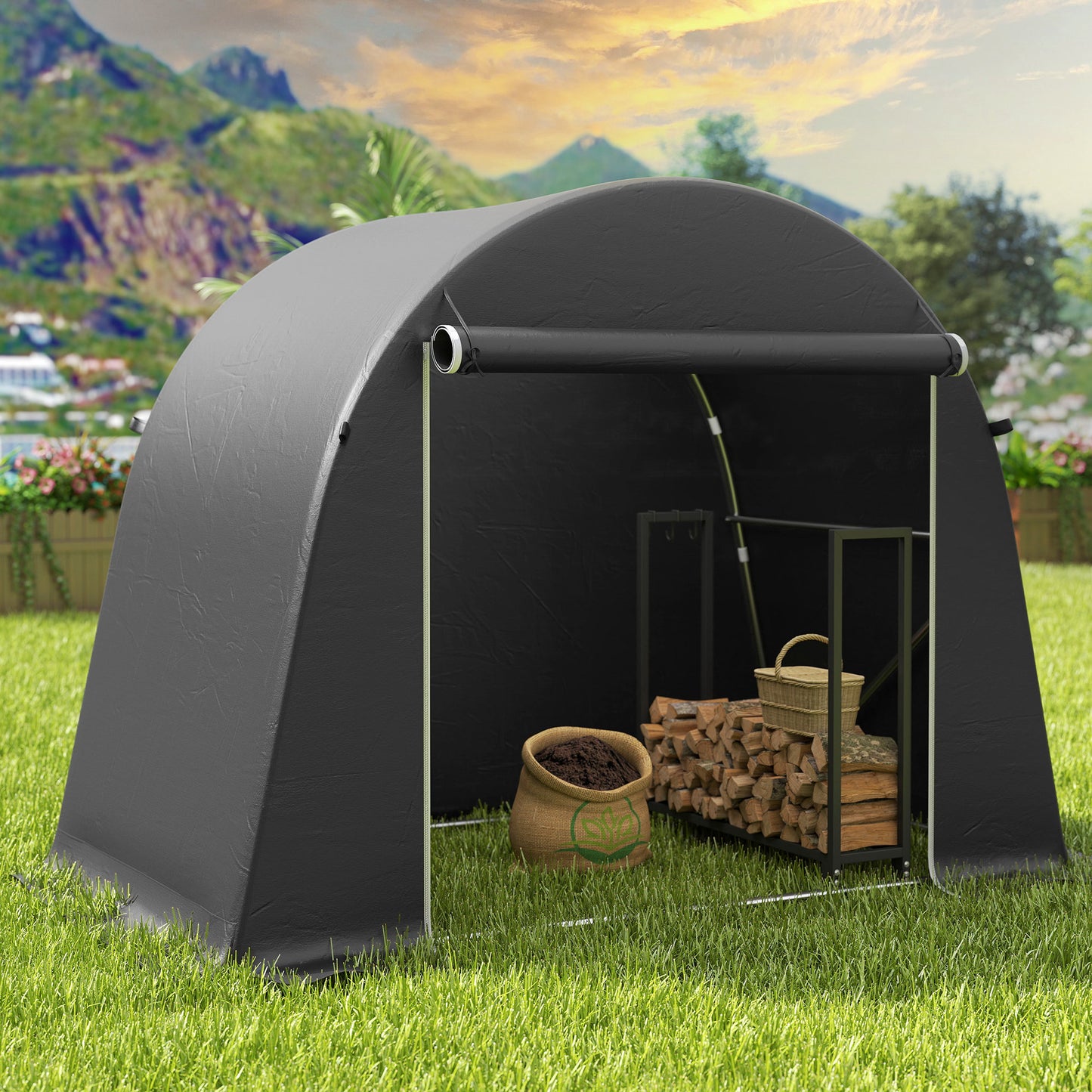 Outsunny 8 x 4 ft Garden Storage Tent, Waterproof Bike Tent with Roll-up Zipper Door and Galvanised Metal Frame, Dark Grey