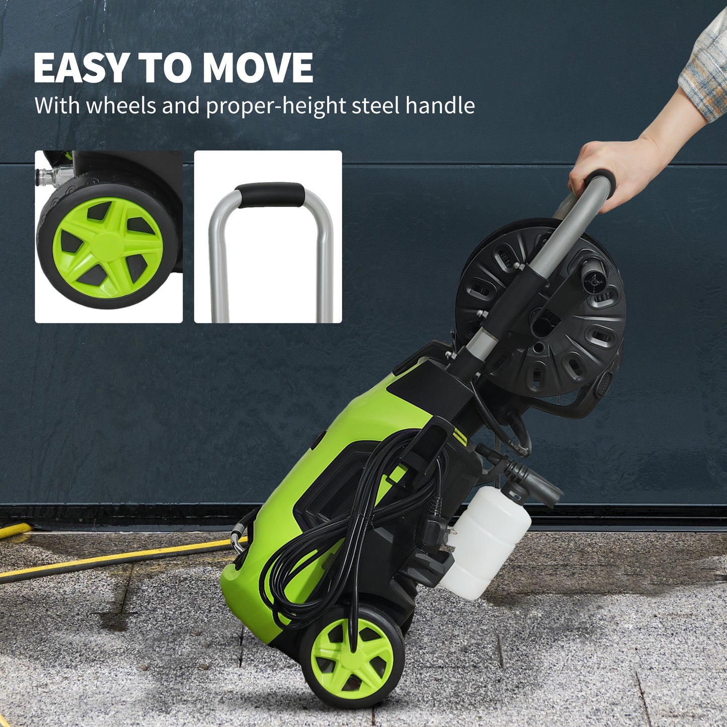 Outsunny 1800W High Pressure Washer, 150 Bar Pressure, 420 L/h Flow, Portable Power Washer Jet Wash Cleaner with Adjustable Nozzle, 6M Hose, Hose Reel, Steel Handle for Home Patio Car Driveway, Green