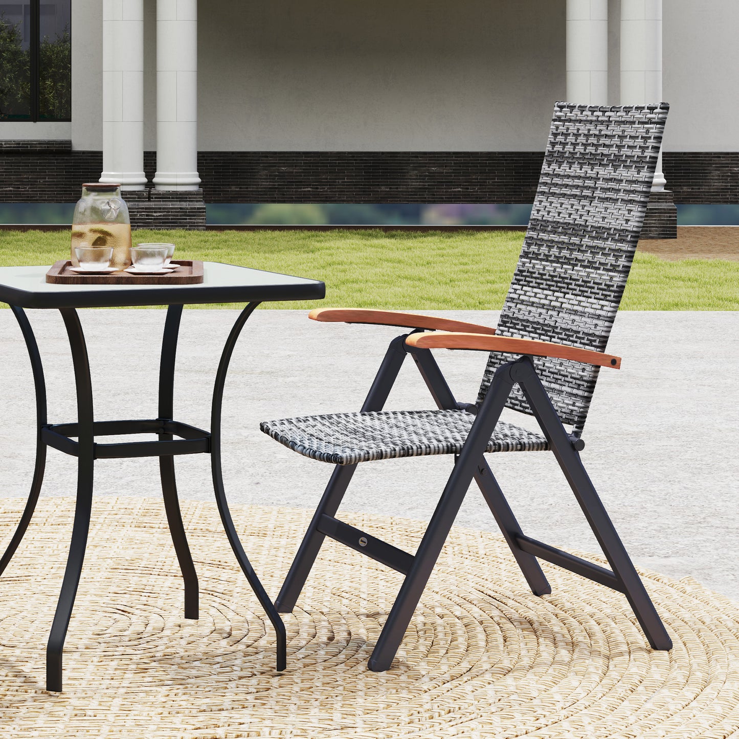 Outsunny Folding Rattan Garden Dining Chair with 5-level Reclining High Back, Wood Armrests for Outdoor, Patio - Light Grey