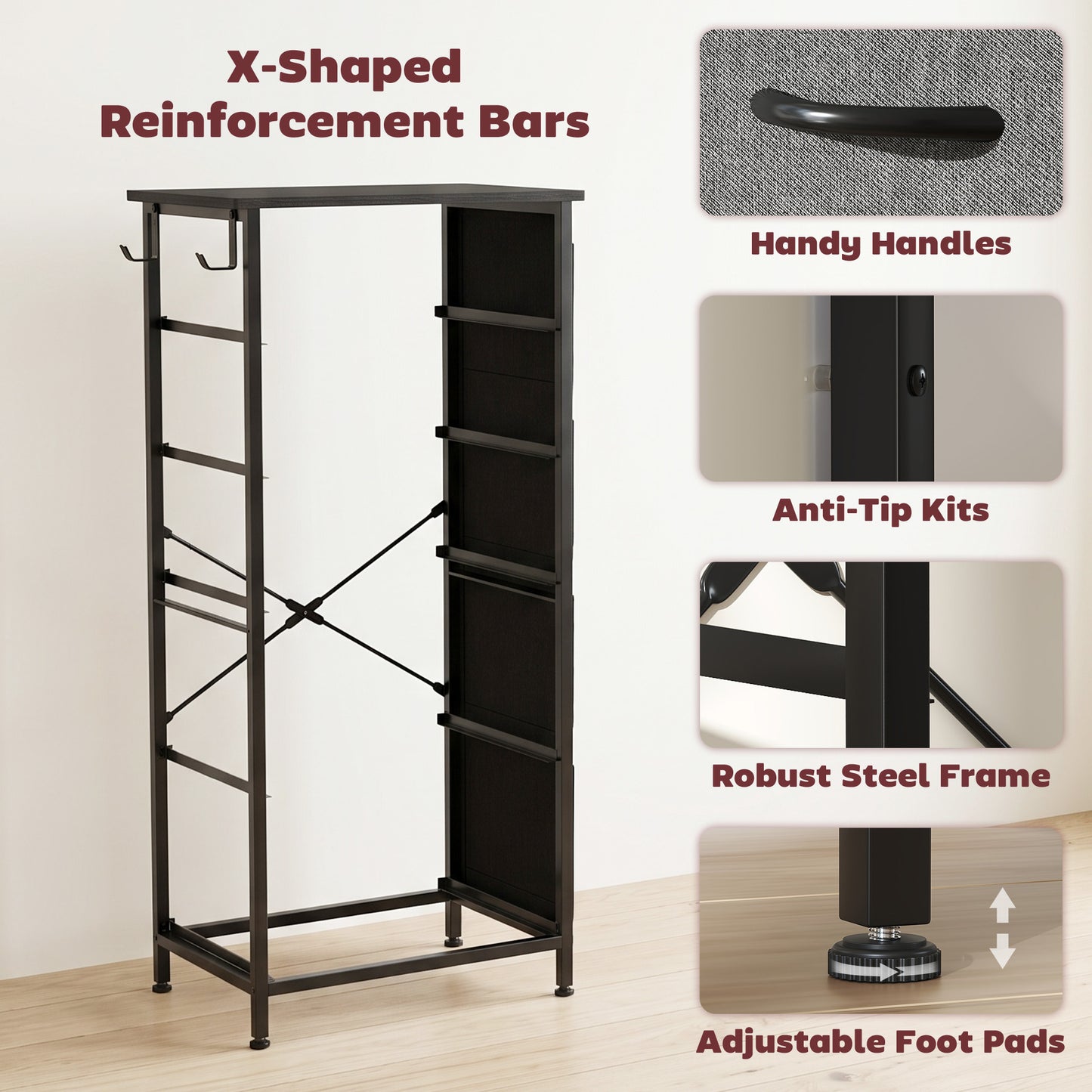 HOMCOM Chest of Drawers, Dresser with 5 Fabric Drawers, Tall Storage Unit with 4 Pockets and 2 Hooks Steel Frame, Charcoal Grey