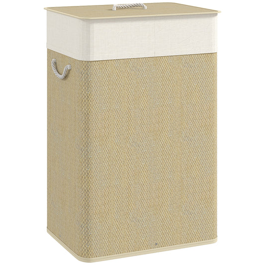 HOMCOM Bamboo Laundry Basket with Lid, 72L Laundry Hamper with Rope Handles, Washing Basket with Removable Washable Liner Bag for Bathroom, Bedroom, Nature Wood Finish