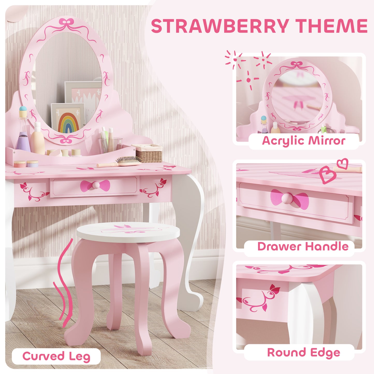 AIYAPLAY Kids Dressing Table Set, Vanity Table with Stool, Mirror, Drawer, Desktop, Storage, Ballet-Theme, Pink