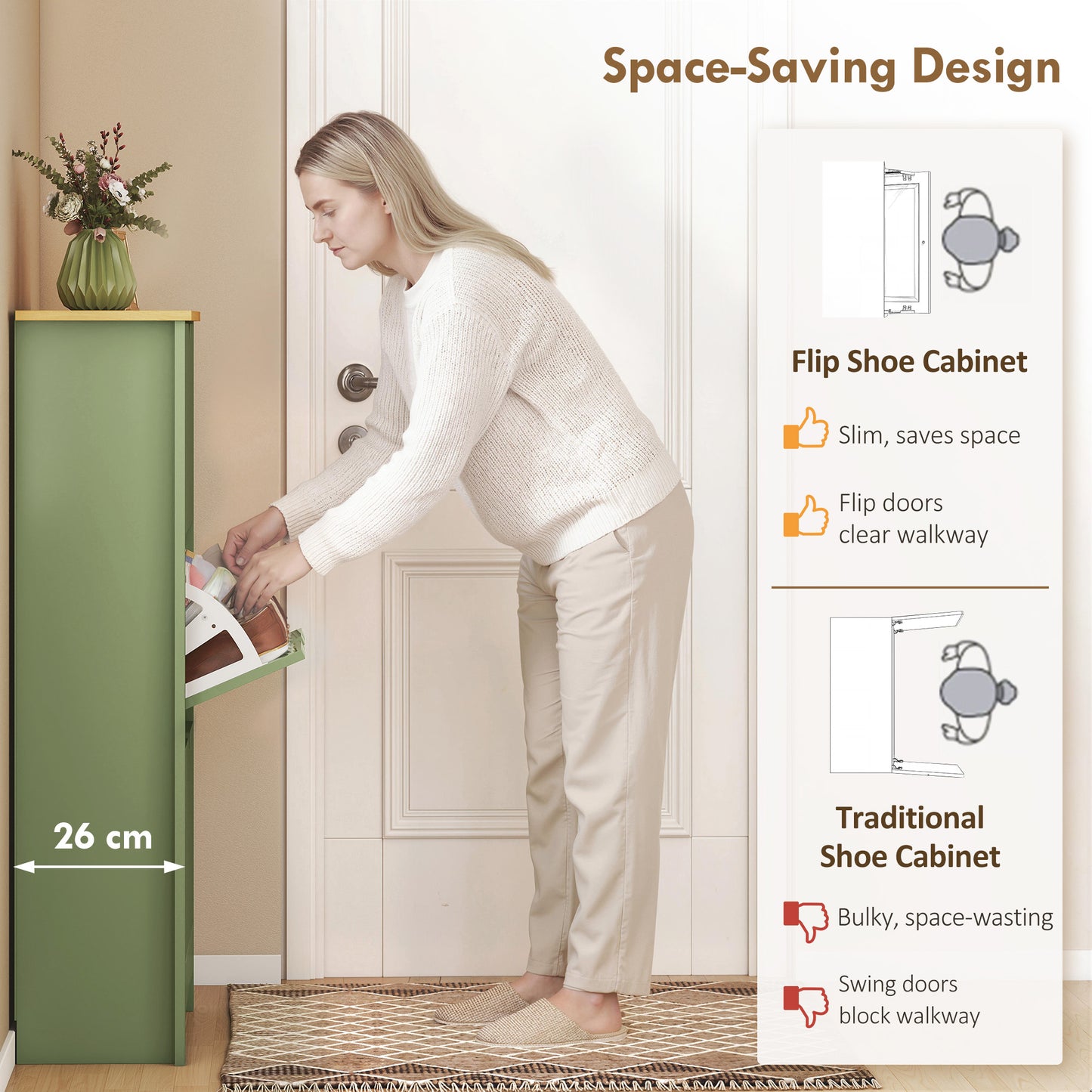 HOMCOM Slim Shoe Cabinet, Narrow Shoe Cupboard with 3 Flip Drawers, Adjustable Shelves for 18 Pairs of Shoes, High Gloss Green