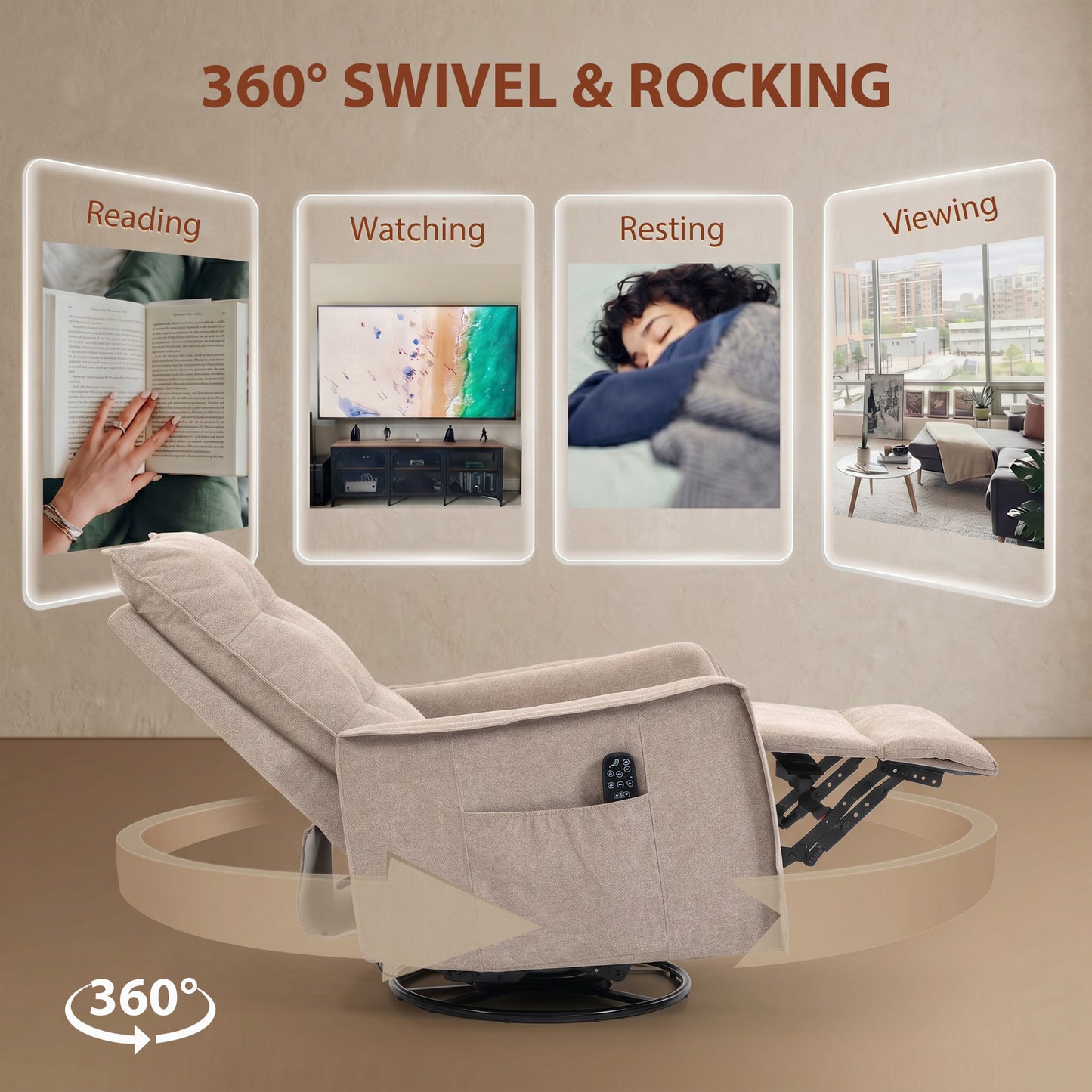 HOMCOM Recliner Armchair, Chenille Recliner Chair with Massage and Heat, 360Â° Swivel Rocking Manual Recliner, Brown
