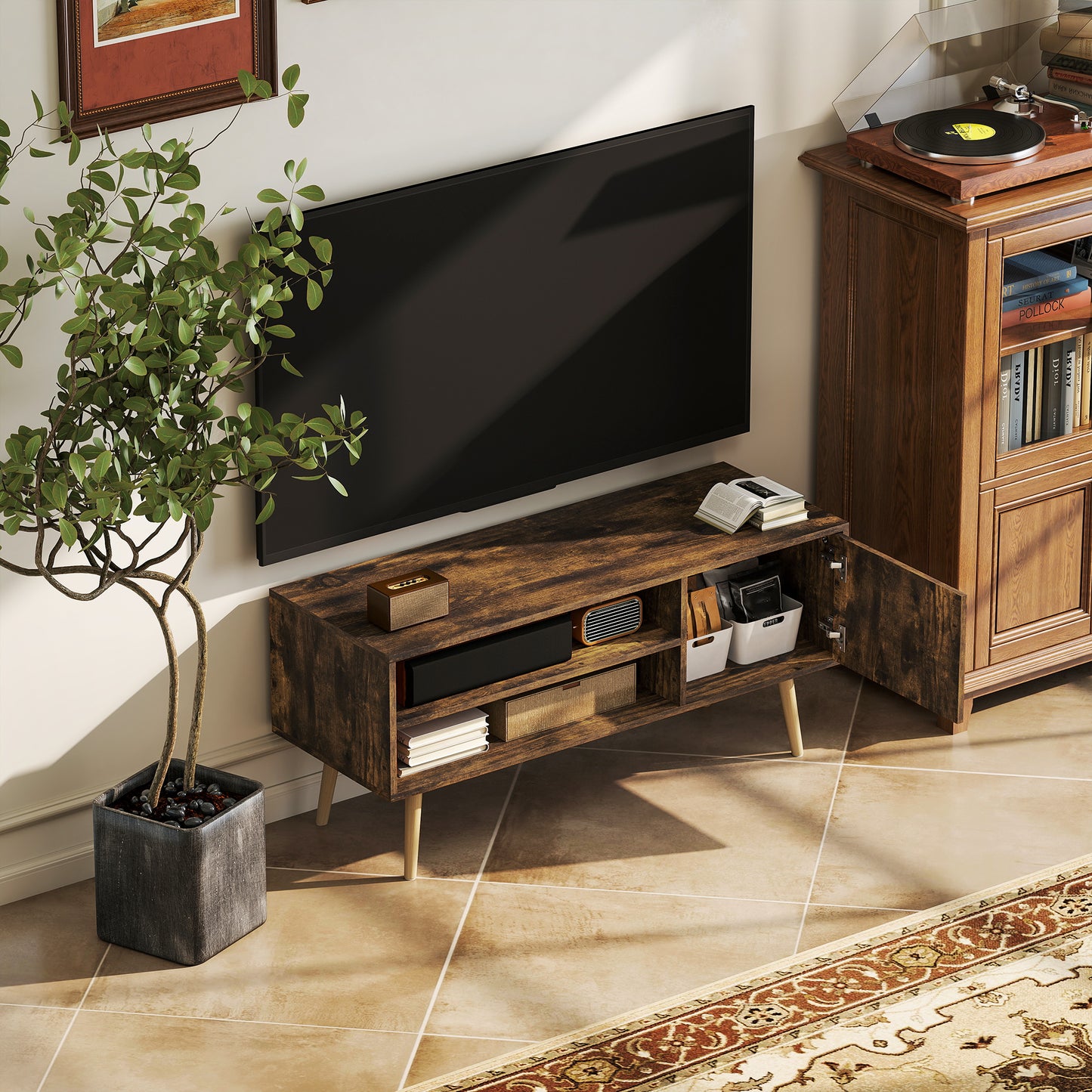 HOMCOM TV Stand up to 55 Inches, TV Unit with Open Shelves and Cable Holes - Brown