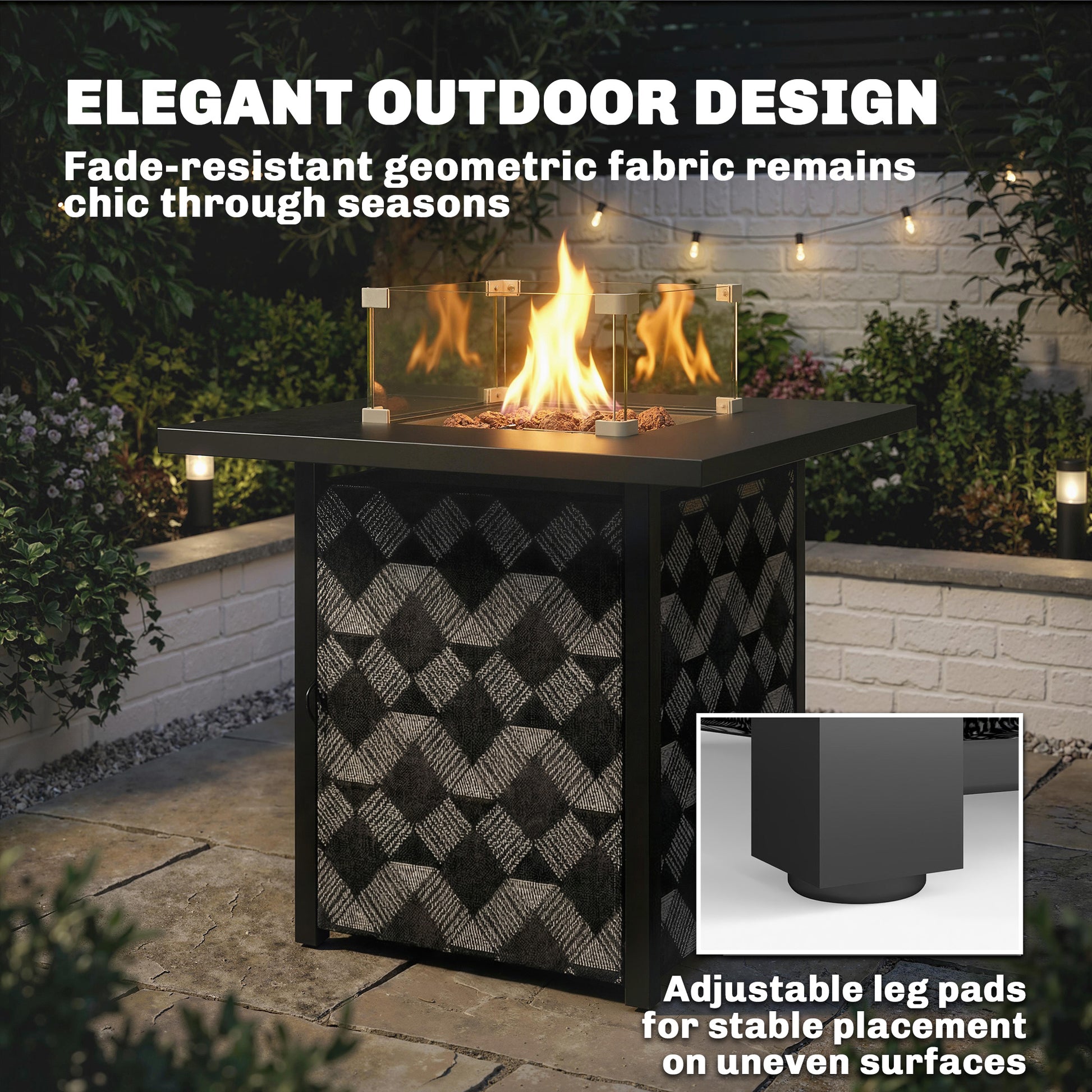 Outsunny Square Propane Gas Fire Pit Table, 12 KW Firepit with Glass Wind Guard, Lava Rocks, Gas Tank Holder