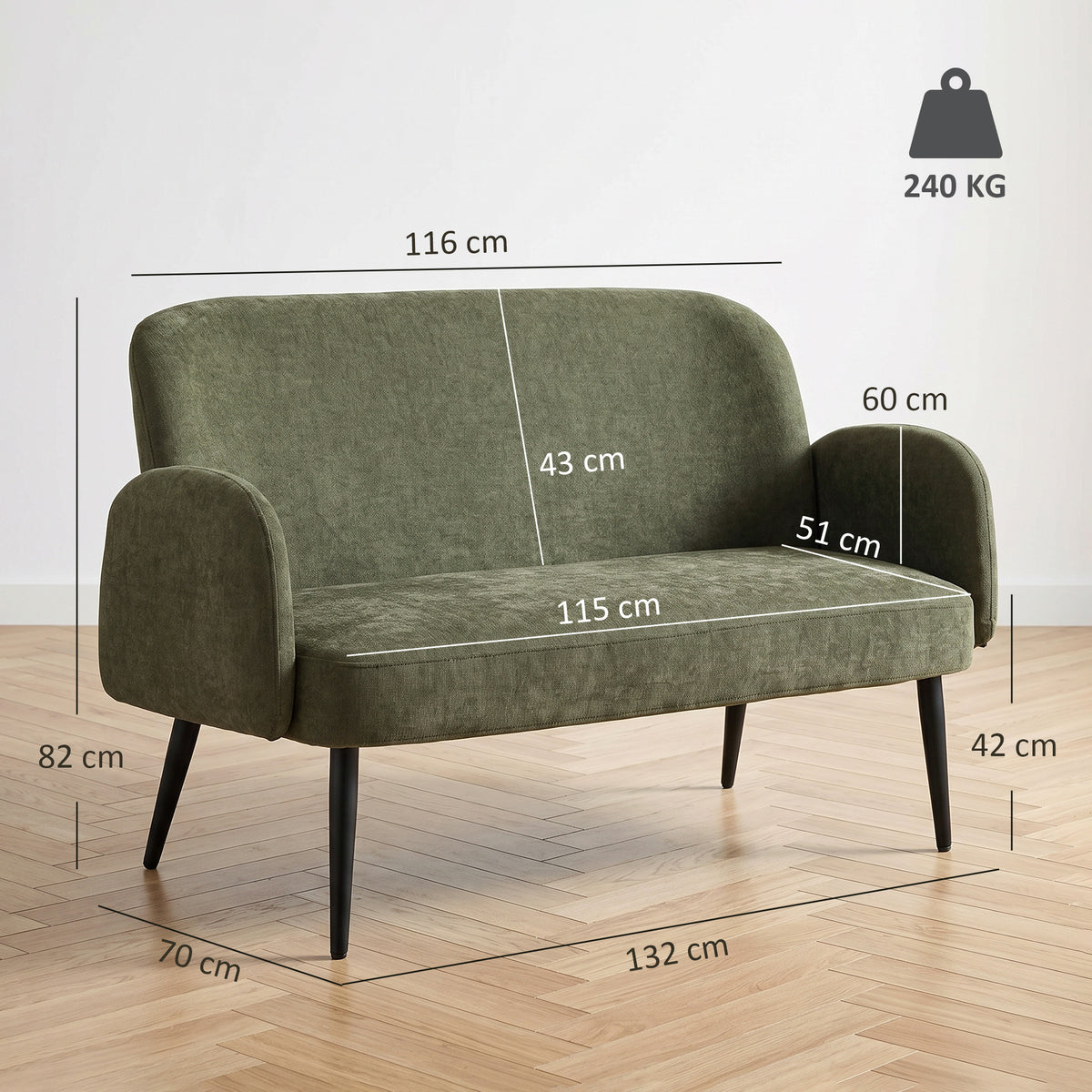 HOMCOM 132cm 2 Seater Sofa, Velvet Comfy Small Sofa Couch with Wide Seat, Thick Padding, Tapered Metal Legs, Green
