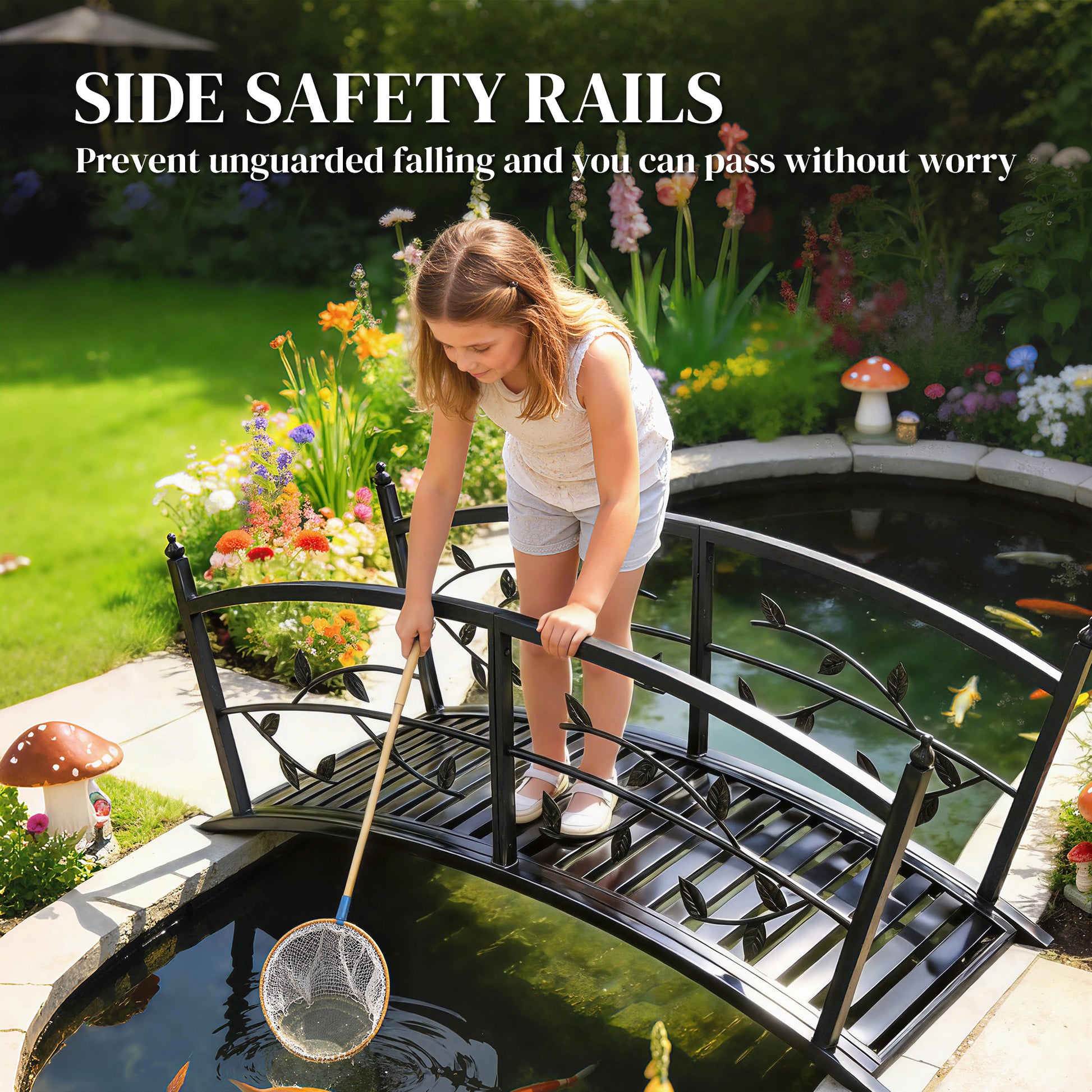 Outsunny 1.2M Metal Garden Bridge with Safety Railings, Outdoor Pond Bridge, Arch Decorative Footbridge for Creek Stream