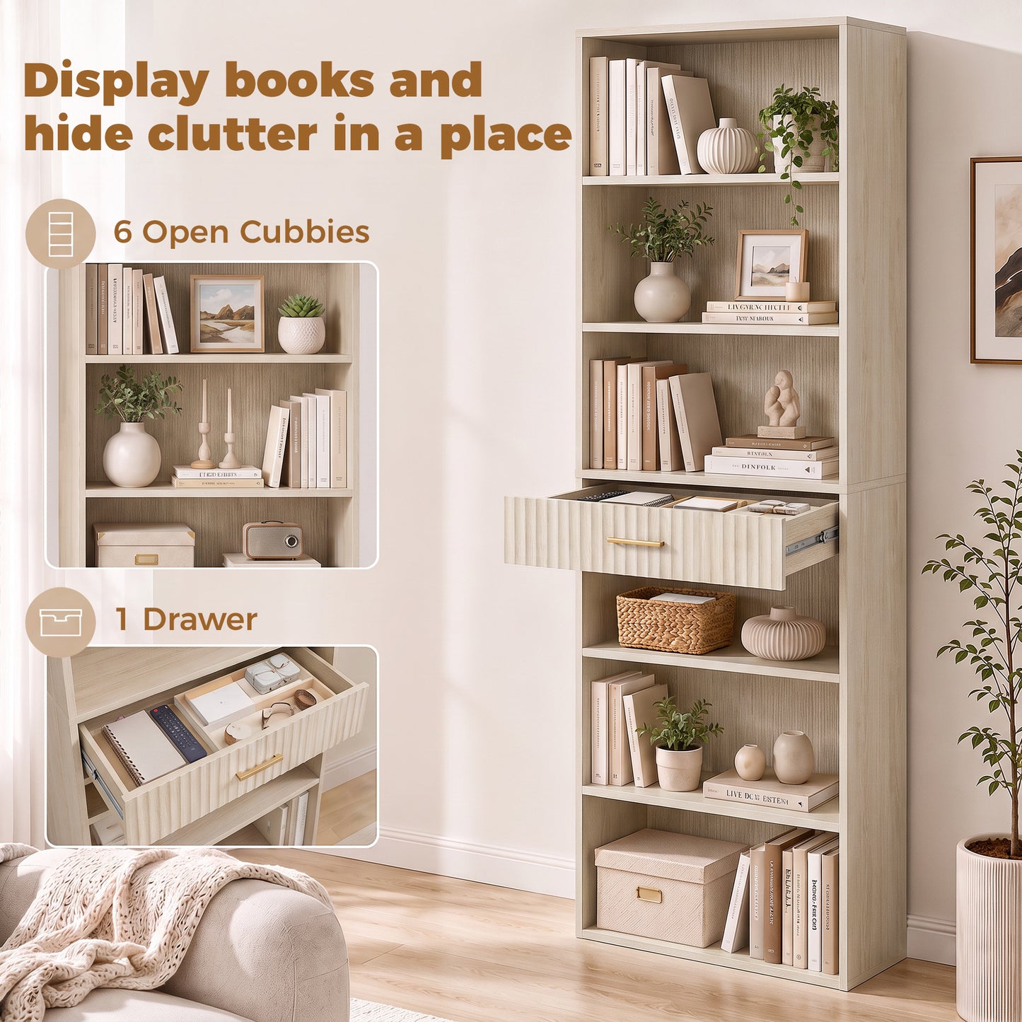 HOMCOM Bookcase Narrow Tall Space-Saving Bookshelf Drawer Open Shelves 60 x 24 x 182 cm Oak Wood Effect