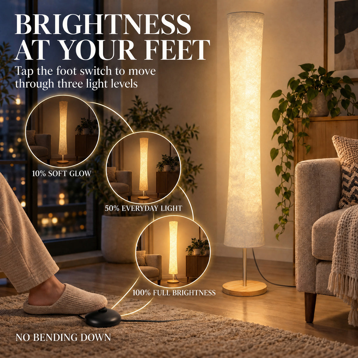 HOMCOM LED Floor Lamp, 152 cm Modern Dimmable Standing Lamp with Paper Shade, Pine Wood Base, White