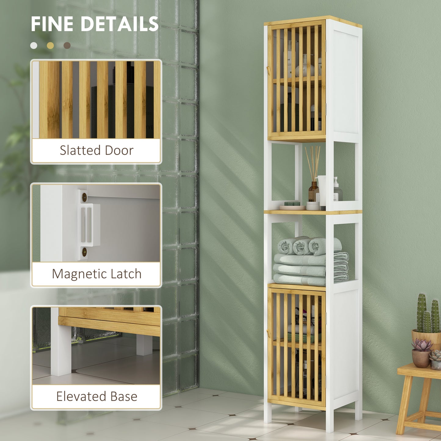 HOMCOM Bamboo-Blend Retro Cut-Out Tall Bathroom Storage Unit