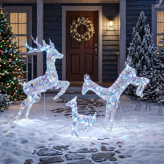 Outsunny 3-Piece Lighted Reindeer Family Set, Iridescent Outdoor Christmas Decoration, Deer Family with 8 Modes, Daily Timer