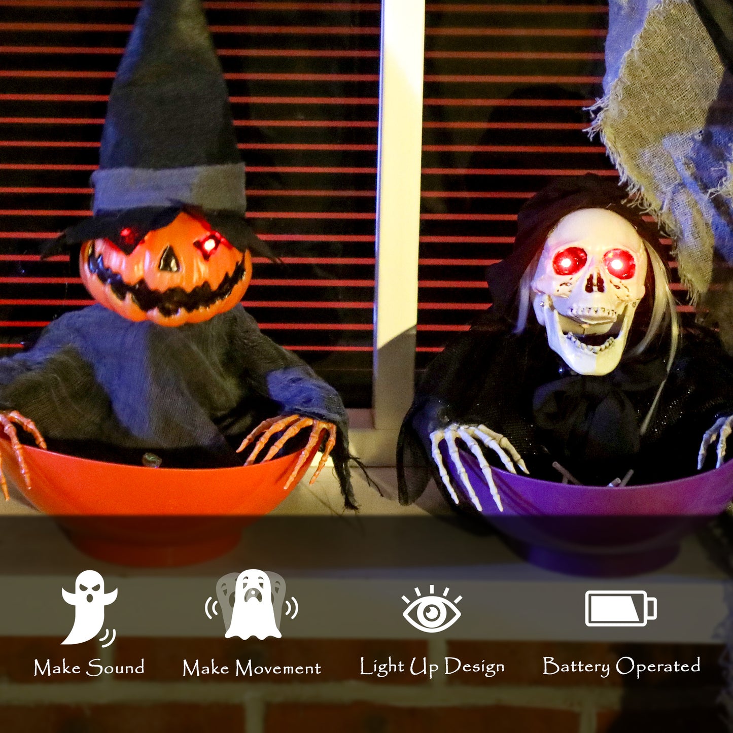 Outsunny 2pcs Animated Halloween Skull Bowl, Skeleton Ghost Skull Candy Dish with LED Eyes, Moving Body and Creepy Sound for Party Decoration, Festival Haunted Houses