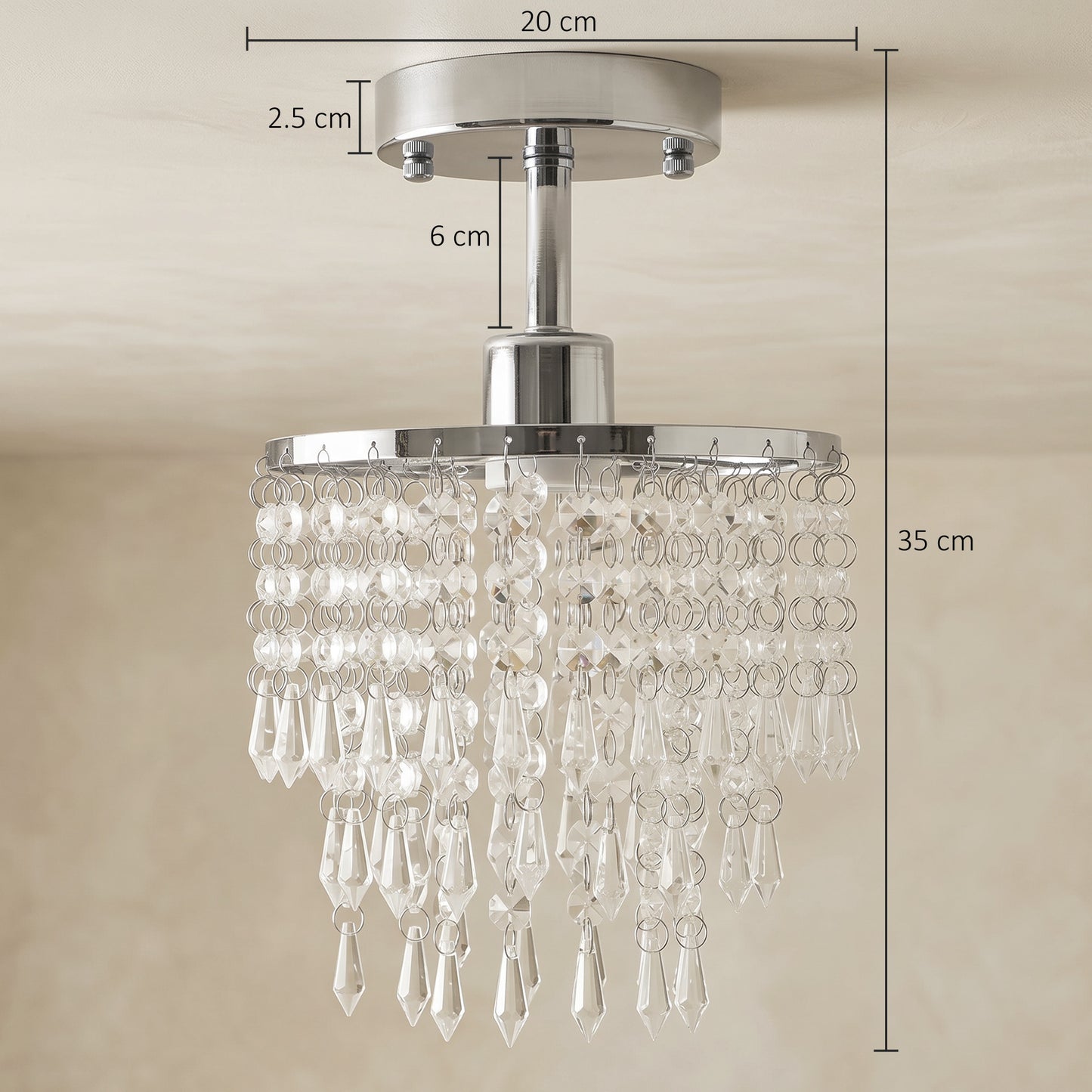 HOMCOM Crystal Ceiling Light with 57 Crystal Strands, Ceiling Light with Mounting Plate for Hallway, Silver Tone