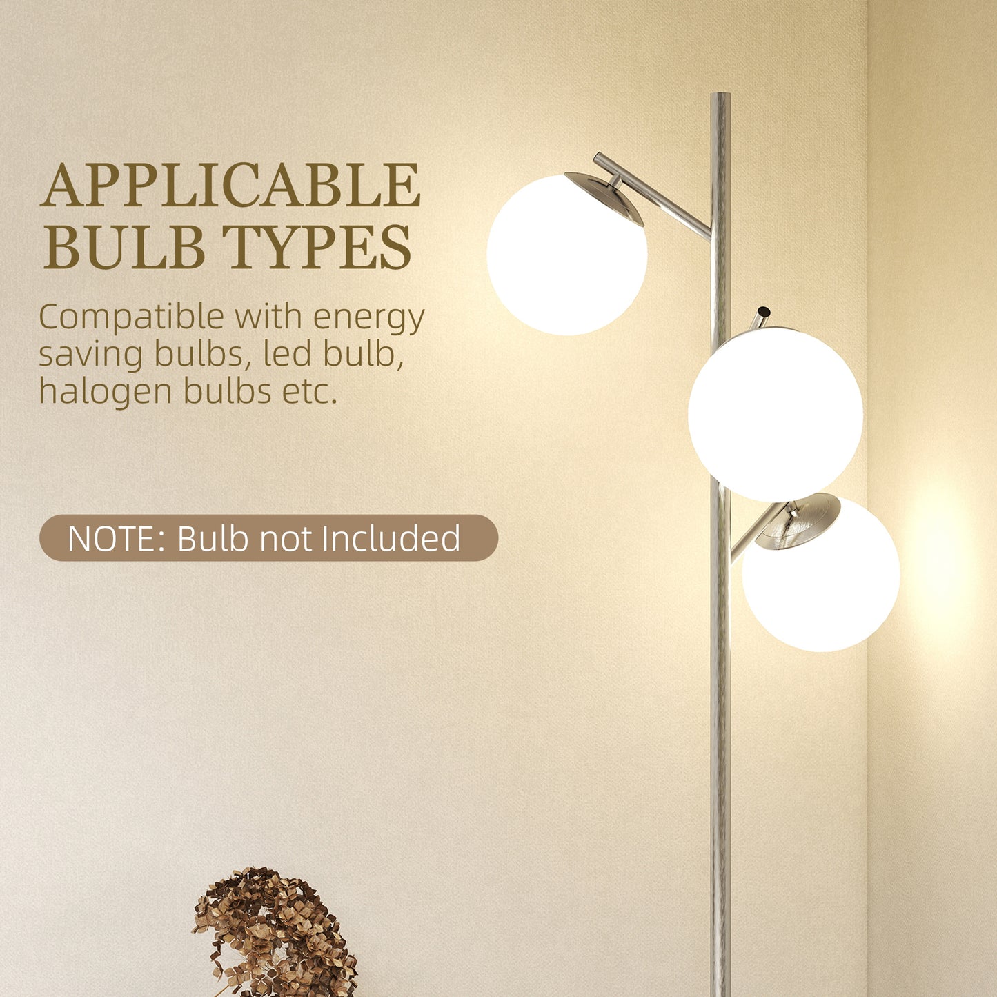 HOMCOM 3-Light Tree Floor Lamps for Living Room, Modern Standing Lamp for Bedroom with Globe Lampshade, 3000K/4000K/6000K Colour Temperatures, Steel Base, Silver Tone