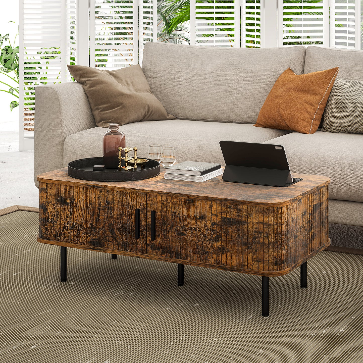 HOMCOM Coffee Table with Storage, Living Room Table with Slatted Tambour Sliding Doors and Foot Pads, Rectangular Coffee Table with Elevated Base for Living Room, Rustic Brown