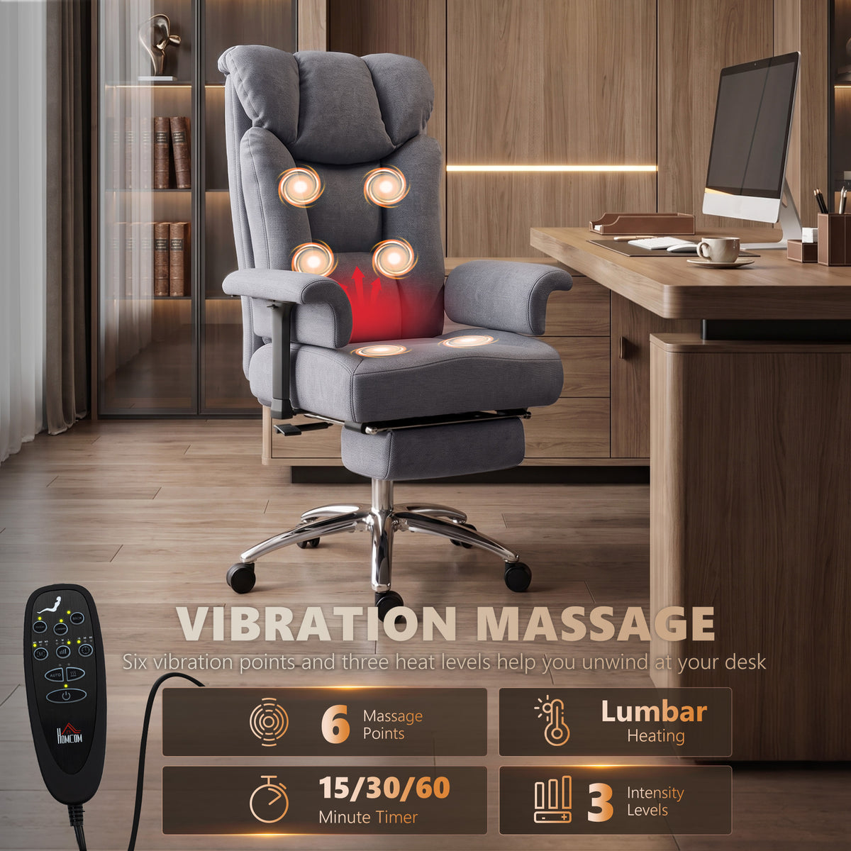HOMCOM 250 kg Big and Tall Massage Office Chair with Heat, High Back, Height Adjustable Linen Executive Desk Chair, Dark Grey