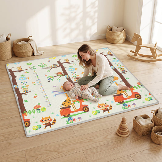 AIYAPLAY Foldable Reversible Baby Play Mat 200 x 180 cm, Waterproof, Non-Slip for Crawling and Learning, Tree & Forest Theme