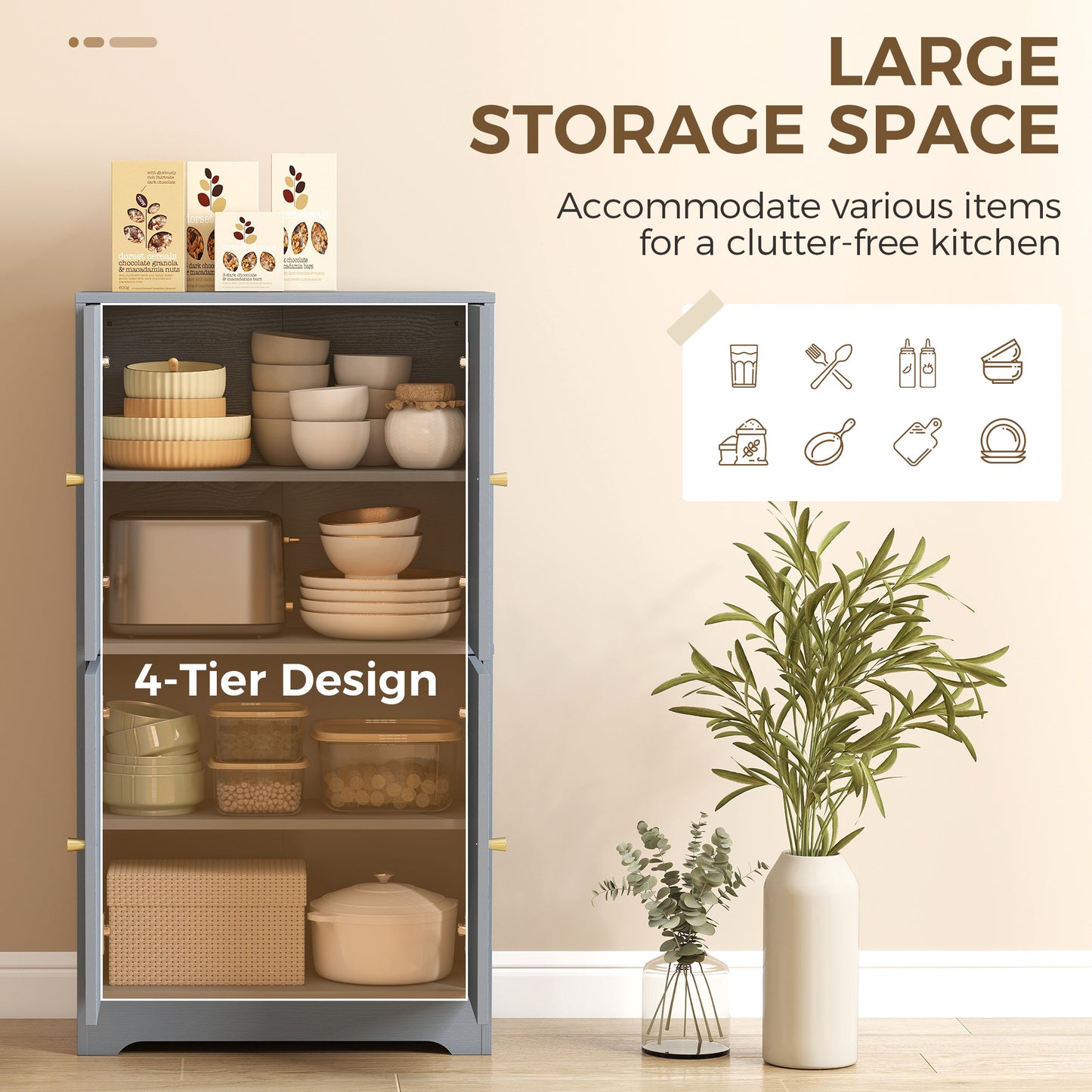 HOMCOM 4-Door Kitchen Storage Cabinet with Adjustable Shelves - Grey