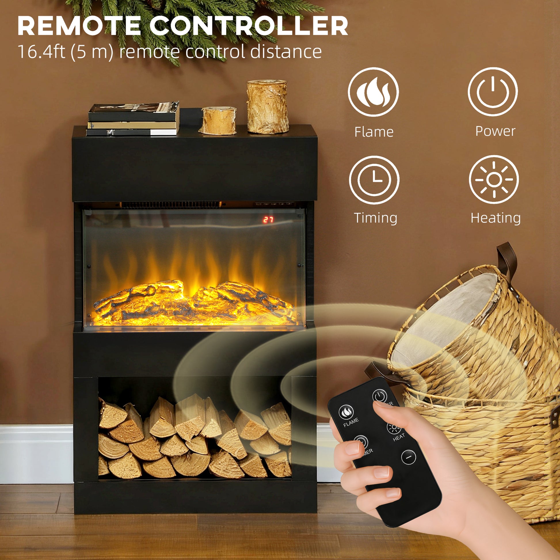 HOMCOM 19" Electric Fireplace with Surround, 3D Flame Effect, 6 Colours & 3 Brightness Levels, 1000W/2000W Black Electric Fire and Mantel Reach up to 30ãŽ¡ Space with Remote & Timer, 3 Sided View
