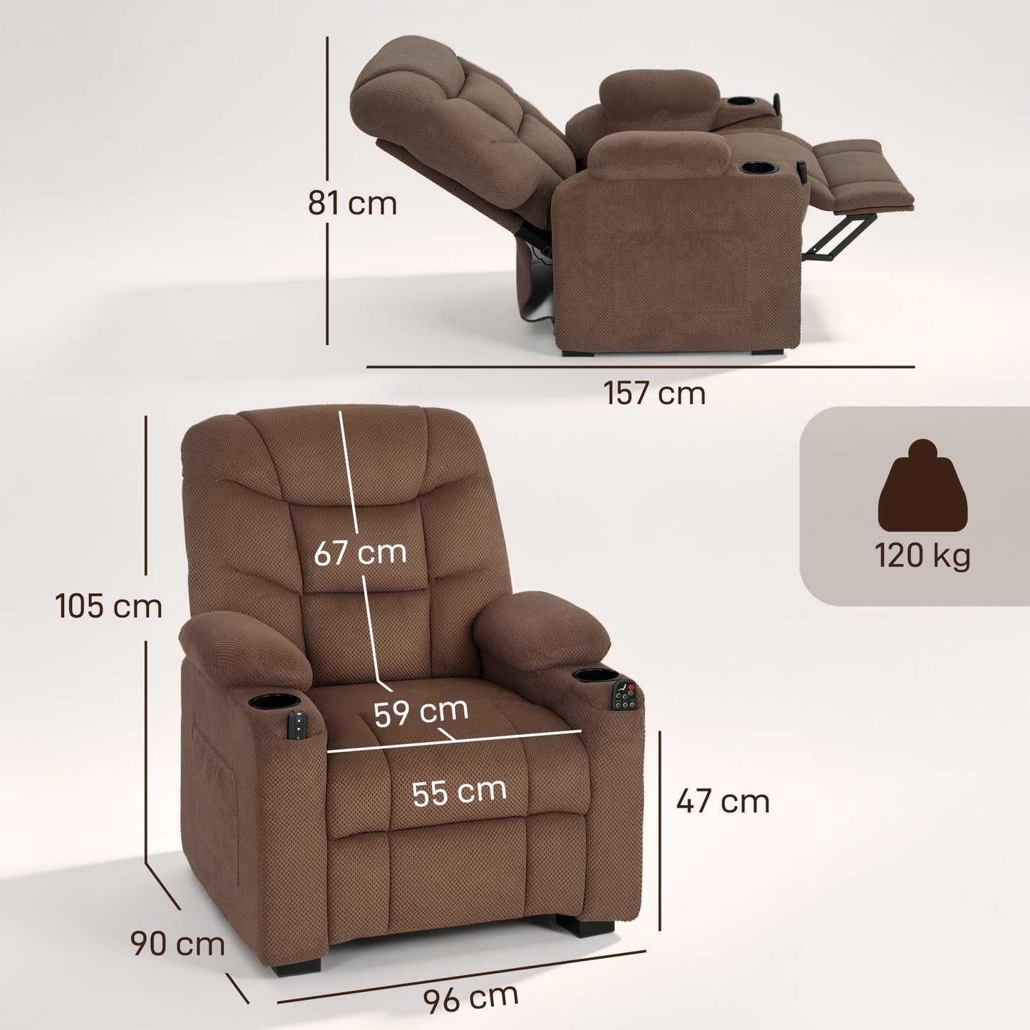 HOMCOM Electric Massage Recliner Armchair with Vibration, Heat, Whisper-Quiet Motor, Memory Function, Fleece Power Reclining Chair with Spring Pack, USB Port, Footrest, Side Pocket, Brown