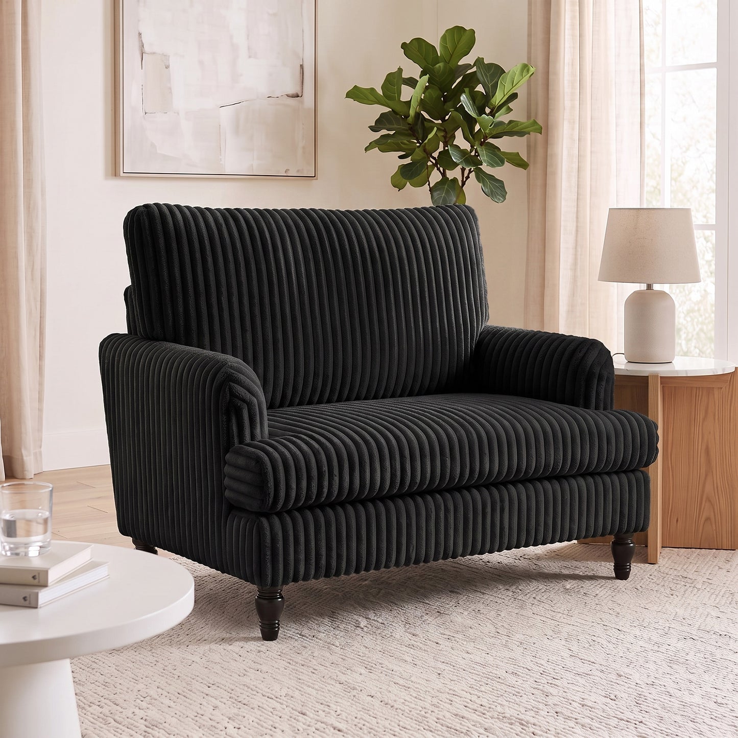 HOMCOM Corduroy Single Sofa Armchair, Modern Accent Chair with Stripes, Turned Legs and Wide Seat, Black