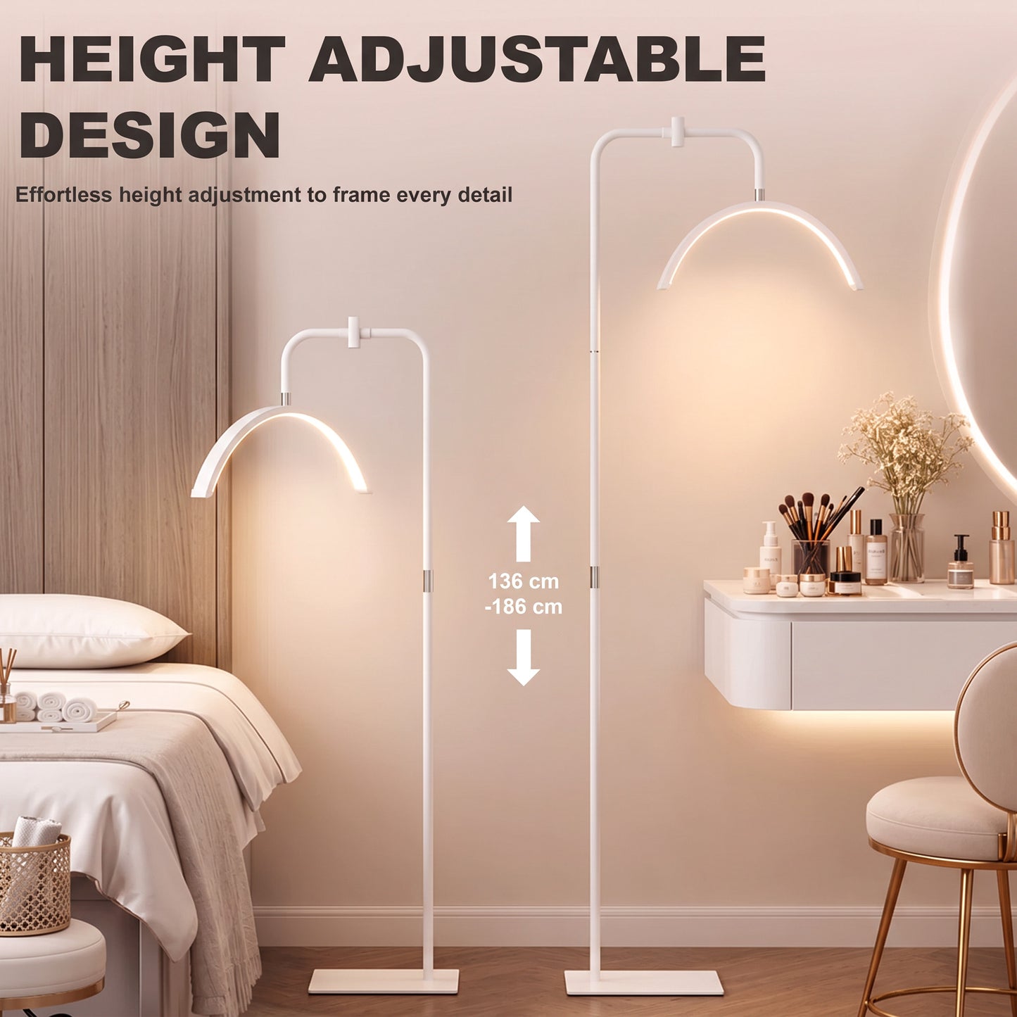 HOMCOM Half Moon Lash Light, 350Â° Rotatable Head, 7 Colours, Dimmable Beauty Floor Lamp, White