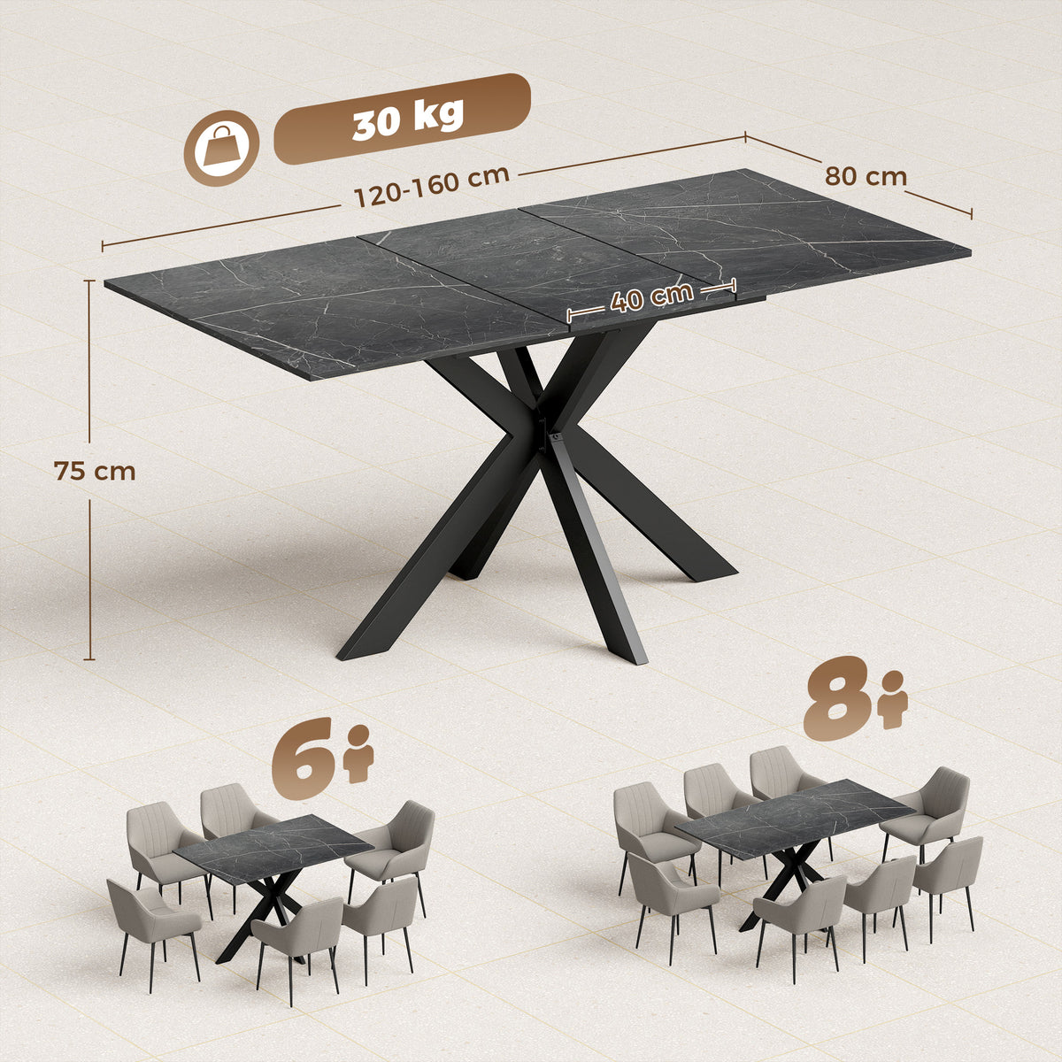 HOMCOM Extendable Dining Table Steel Cross Legs Steel Rails Space Saving Black