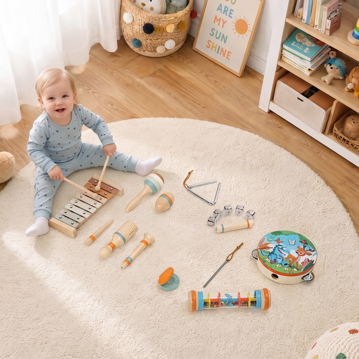 AIYAPLAY Kids Drum Kit, 14 Pieces Wooden Kids Musical Instruments Set with Tone Block, Maracas, Triangle, Xylophone for Toddlers
