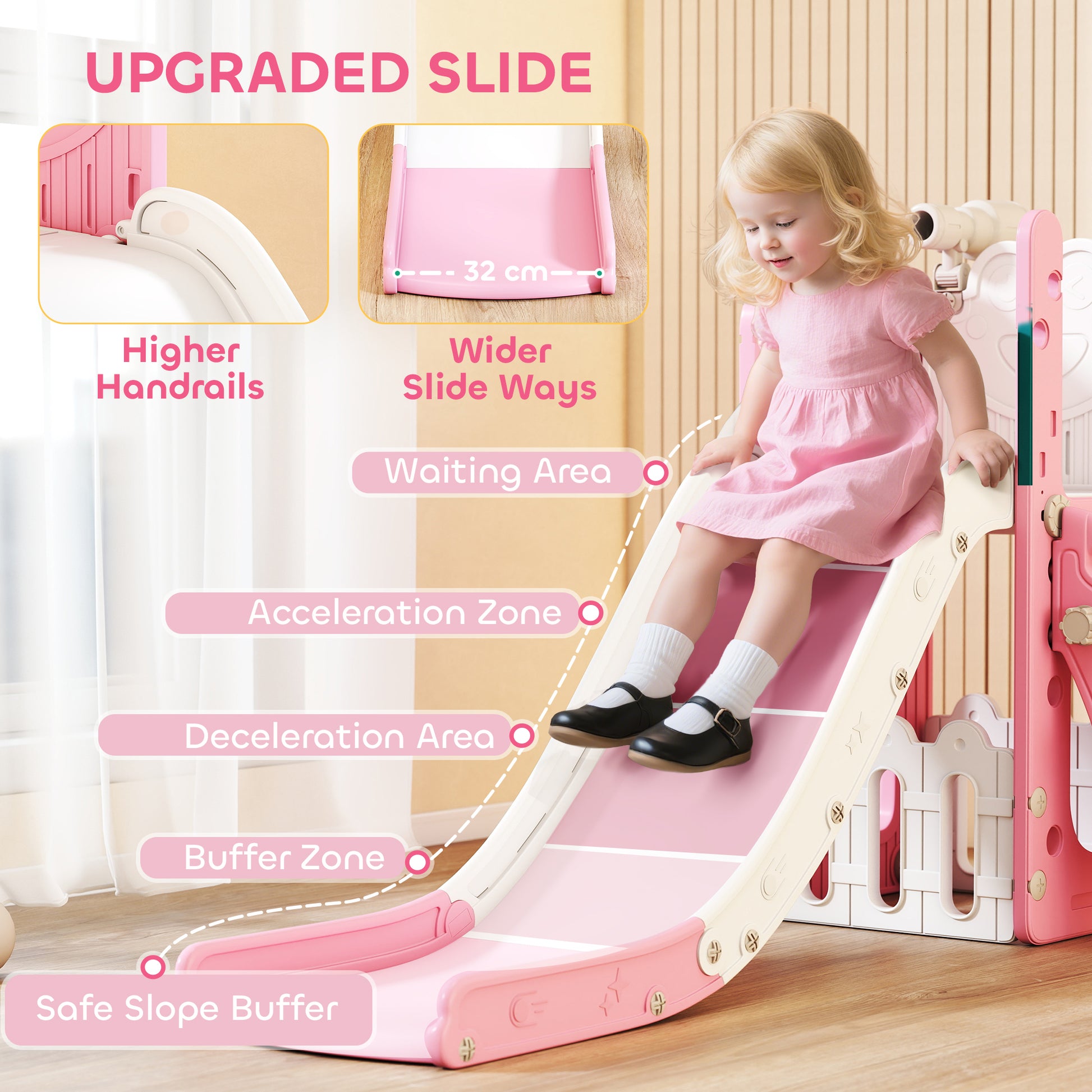 AIYAPLAY 5 in 1 Kids Slide Set with Basketball Hoop, Climbing Frame, Telescope, Storage Box for Toddlers Ages 1-3, Pink