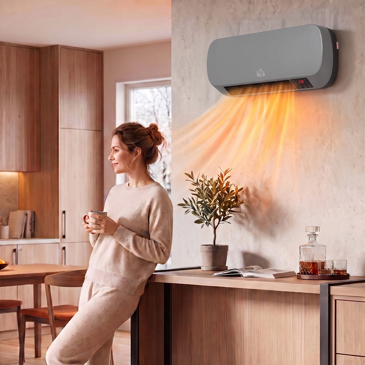 HOMCOM 2000W Ceramic Heater, Wall Mounted Space Heater with 3 Heat Settings, Adjustable Thermostat, Remote Control, Grey