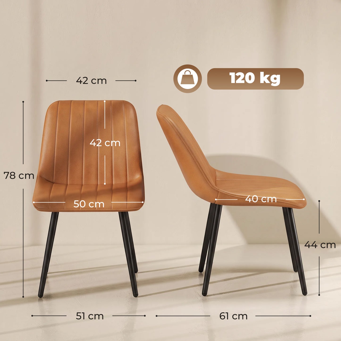HOMCOM Faux Leather Upholstered Kitchen Chairs, Modern Dining Chairs Set of 2 with Metal Legs for Dining Room, Brown