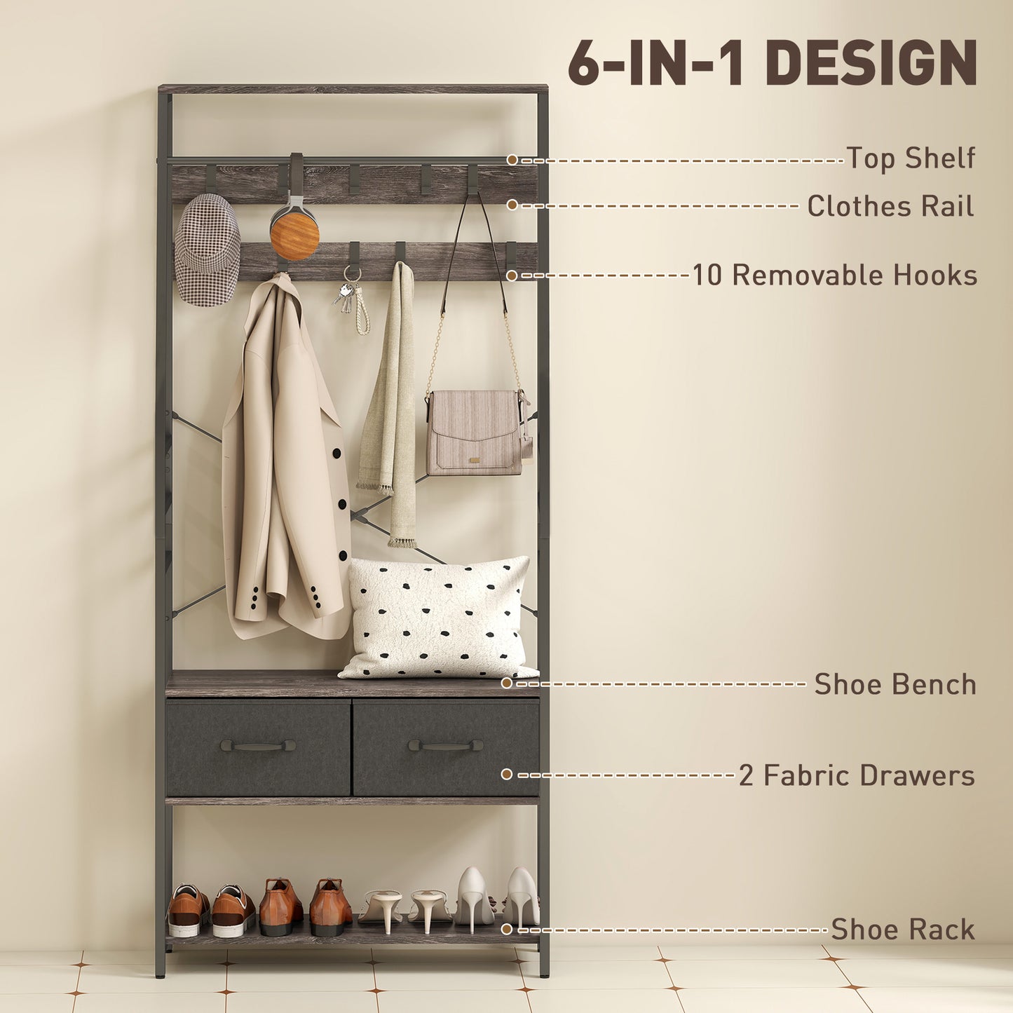 HOMCOM Coat Rack with Shoe Storage, Hall Tree, Industrial Coat Stand with Shoe Bench, 10 Removable Hooks, 2 Fabric Drawers and Clothes Rail for Entryway, Hallway, Grey