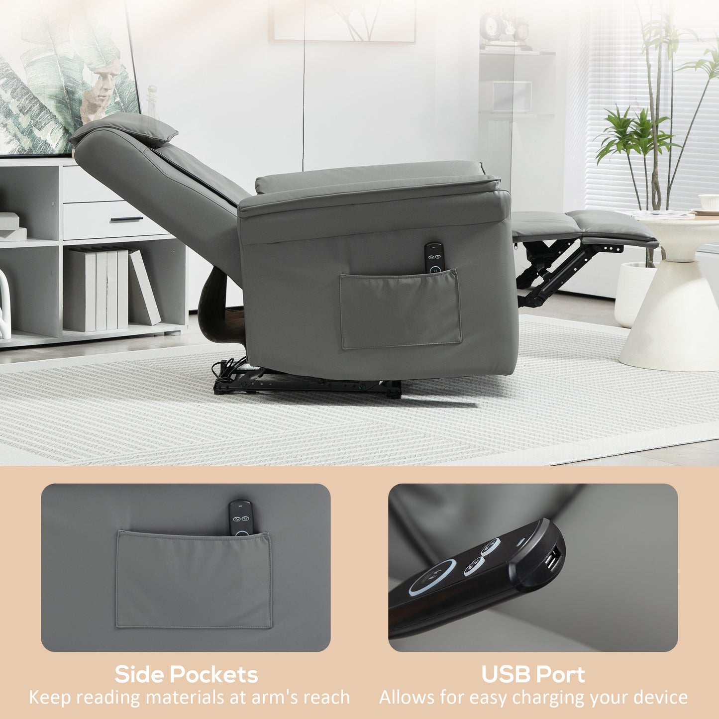 HOMCOM Recliner Armchair with 3D Kneading Massage, Breathable Leather Recliner Chair with Back Massager and Headrest, Electric Reclining Chair with Footrest, Remote, USB Port, Side Pockets for Home