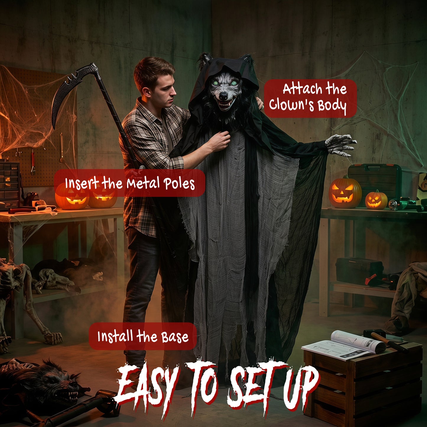 HOMCOM Halloween Standing Werewolf Animated Decoration with Light-Up Eyes, Sound and Touch Activated