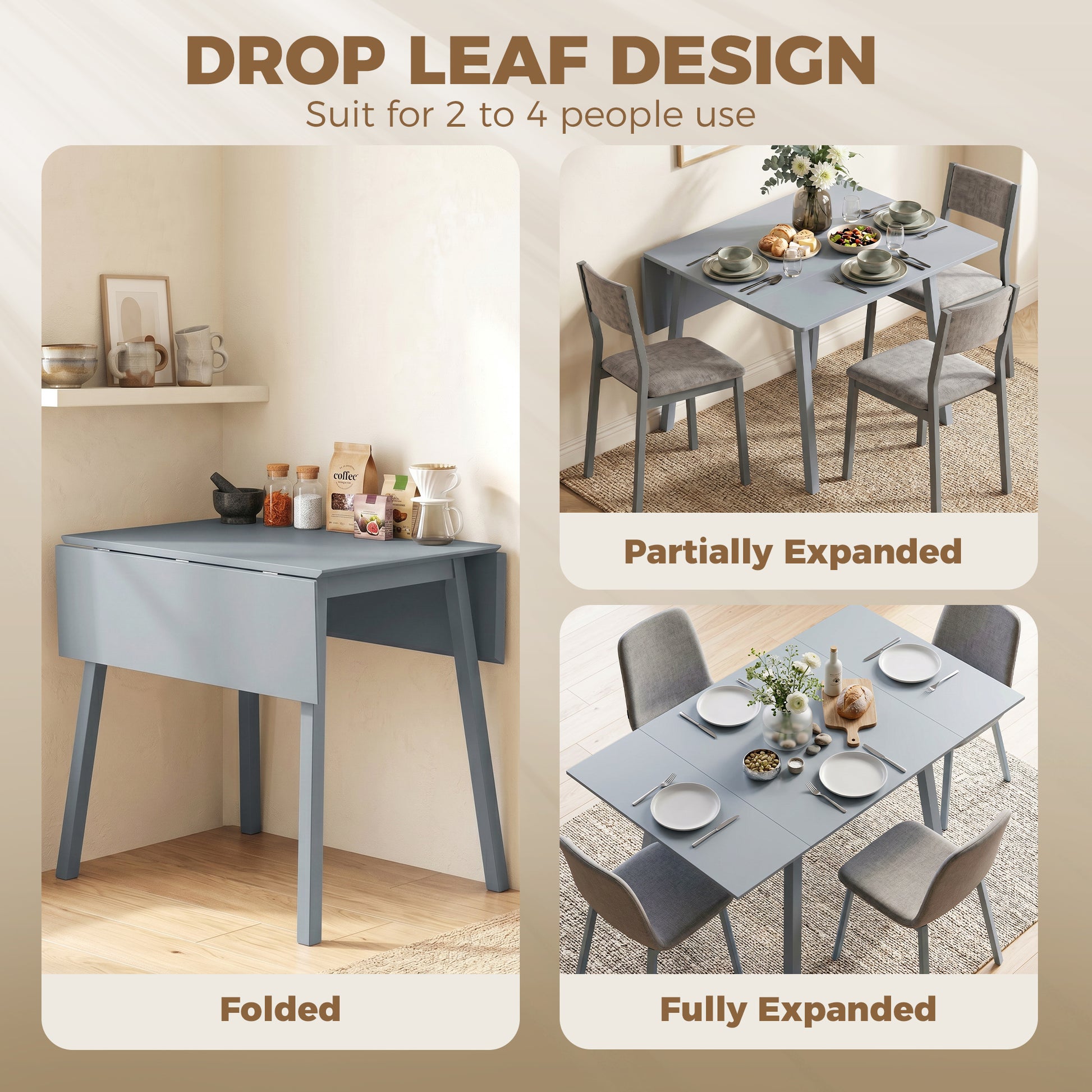 HOMCOM Solid Wood Folding Dining Table, Drop Leaf Table for 2-4 People, Rectangle Kitchen Table