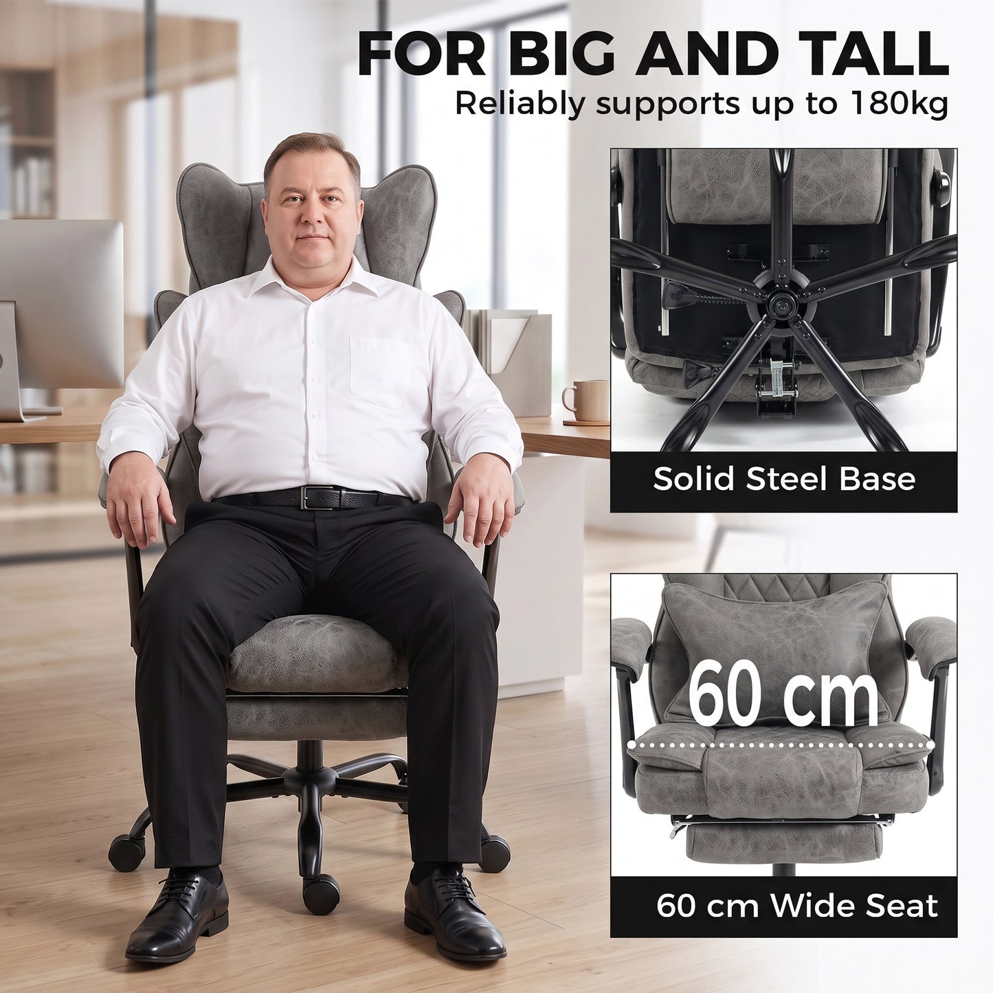 HOMCOM Executive Office Chair, Leathaire Big and Tall Office Chair 180 kg with Wide Seat, Reclining, Lumbar Support, Grey